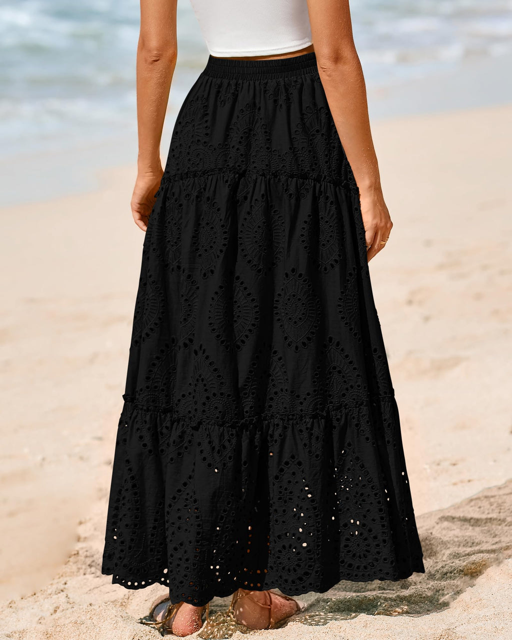 BTFBM Long Skirts for Women Summer Boho Lace Embroidery High Waist Flowy Tiered Spring Maxi Skirt Beach Vacation
