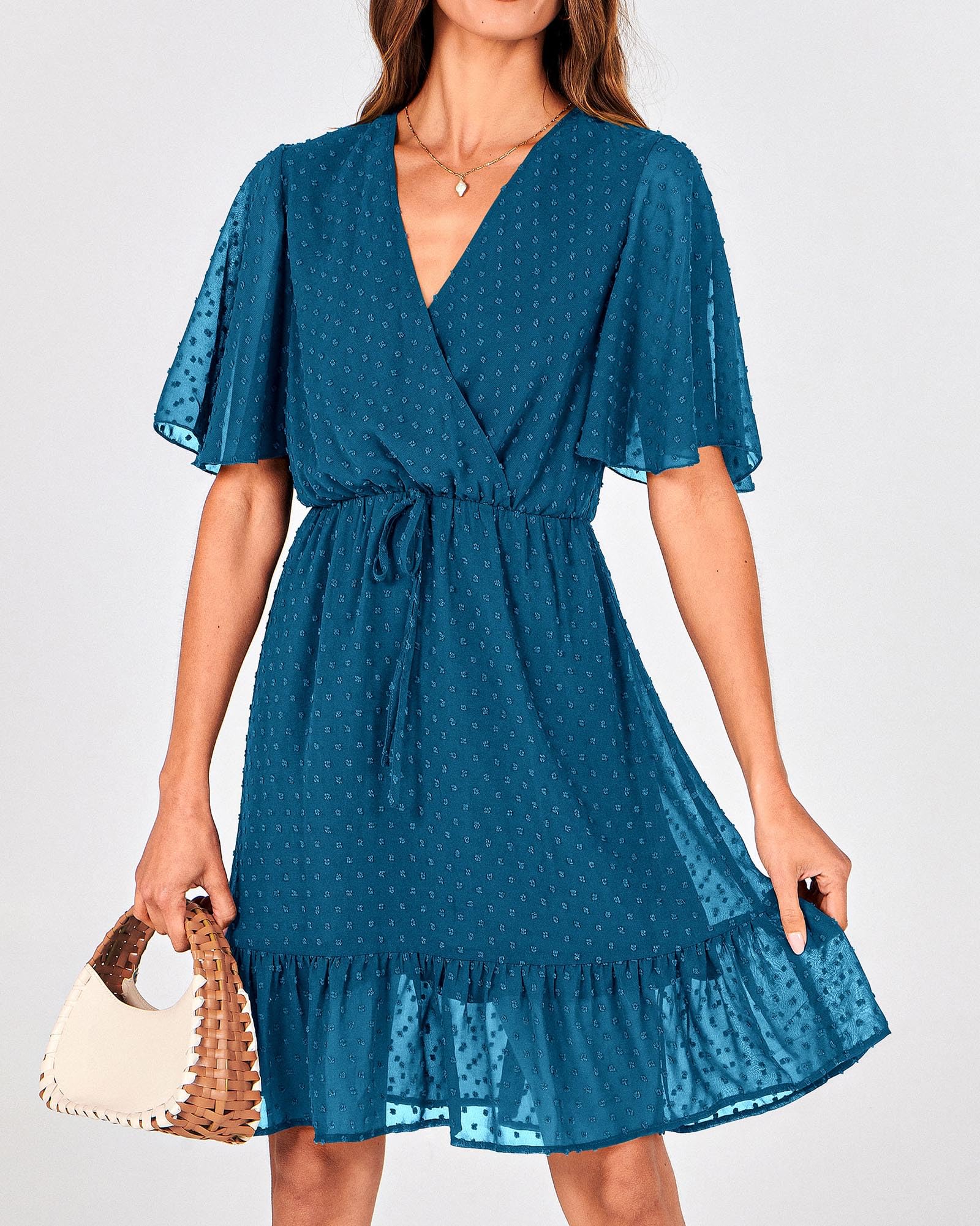 FreshPretty Women's Summer Dresses Casual Short Sleeve V Neck Ruffle Floral Print High Waist Flowy Mini Dress with Belt