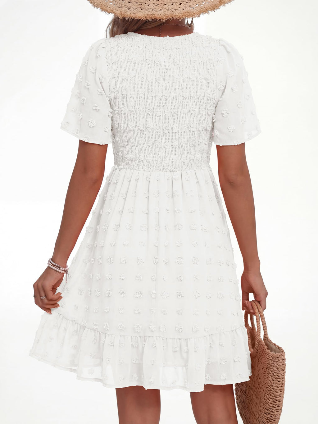 FreshPretty Womens Beach Vacation Dress Summer V Neck Short Sleeve Smocked Swiss Dot Ruffle Casual Mini Spring Dresses