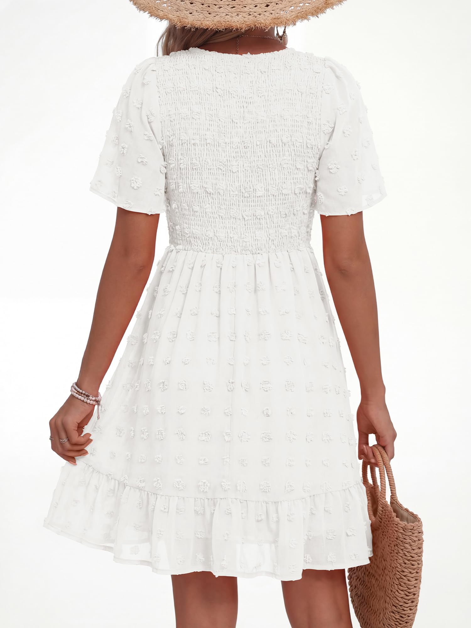 FreshPretty Womens Beach Vacation Dress Summer V Neck Short Sleeve Smocked Swiss Dot Ruffle Casual Mini Spring Dresses