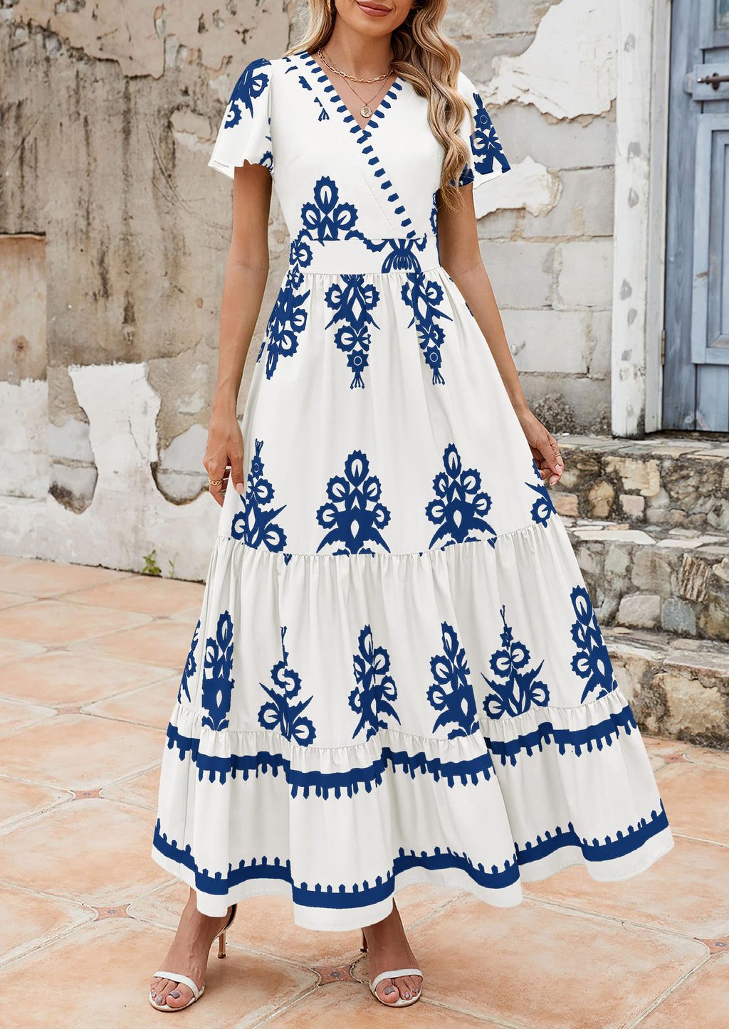 PRETTYGARDEN Womens Summer Casual V Neck Boho Maxi Dress Flowy Aline Bell Sleeve Tiered Floral Dresses with Pocket