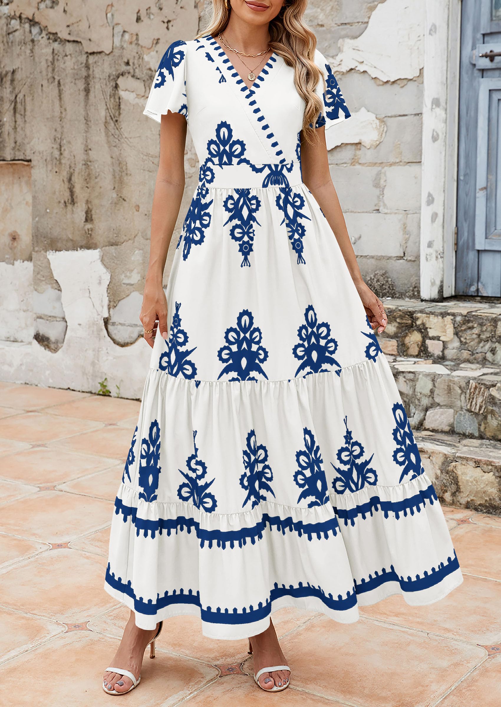 PRETTYGARDEN Womens Summer Casual V Neck Boho Maxi Dress Flowy Aline Bell Sleeve Tiered Floral Dresses with Pocket