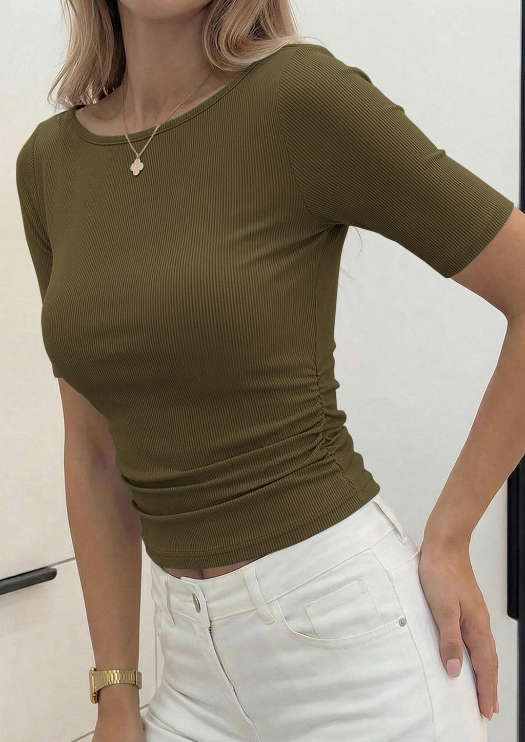 PRETTYGARDEN Womens Summer Short Sleeve Tops Boat Neck Ribbed Knit Slim Fit T Shirt Casual Basic Top Spring Clothes