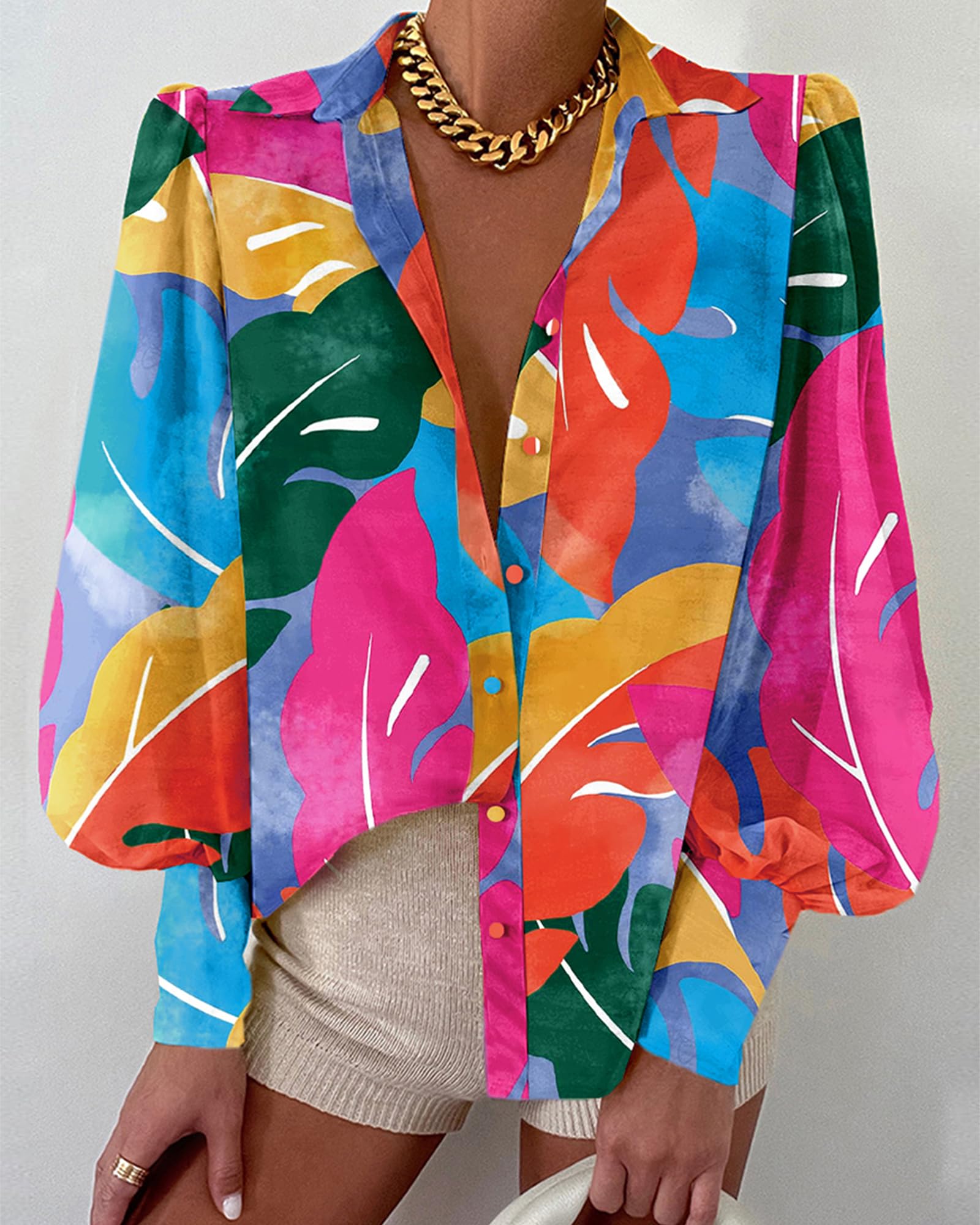 BTFBM Women Fashion Button Down Shirts V Neck Boho Printed Long Sleeve Blouses Dressy Casual Spring Fall Tops