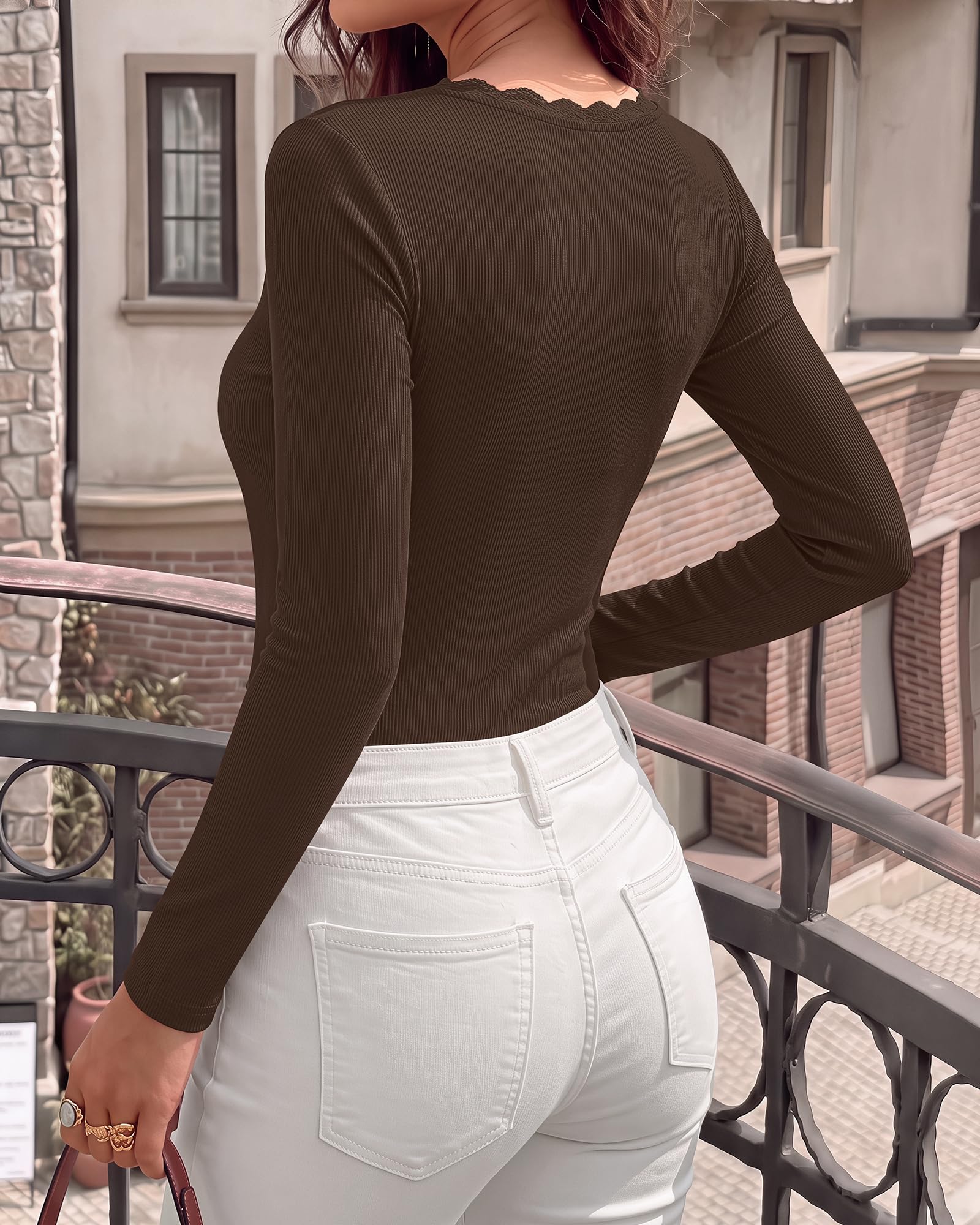 BTFBM Lace Deep V Neck Fitted Long Sleeve Shirts for Women | Womens Fall Fashion, Casual T Shirt, Base Layer, Basic Undershirts, Slim Fit Going Out Tops, Date Night Out Outfits