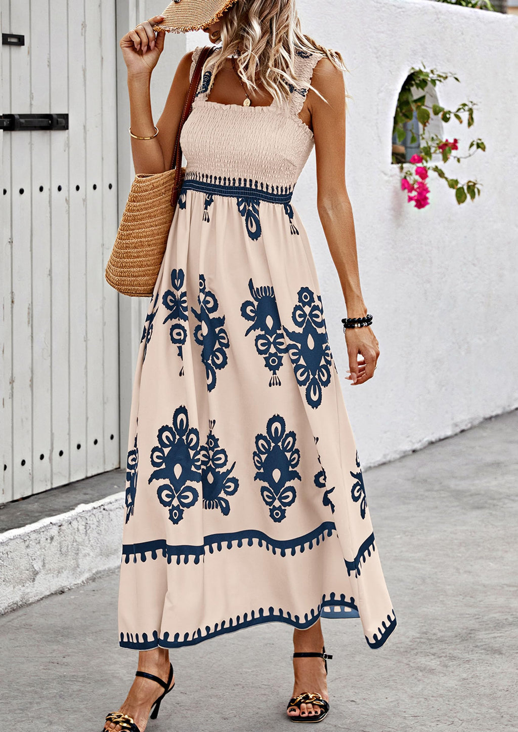 PRETTYGARDEN Womens Summer Boho Maxi Dress Casual Sleeveless Square Neck Floral Aline Smocked Beach Dresses with Pockets