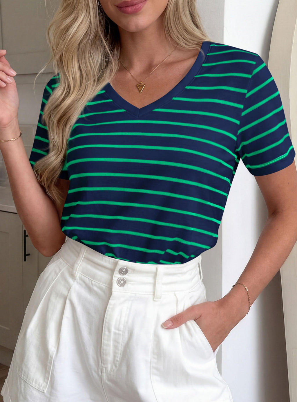 PRETTYGARDEN Short Sleeve Shirts for Women Spring V Neck Cute Tops Casual Striped Shirt Knitted Tees Summer Outfits
