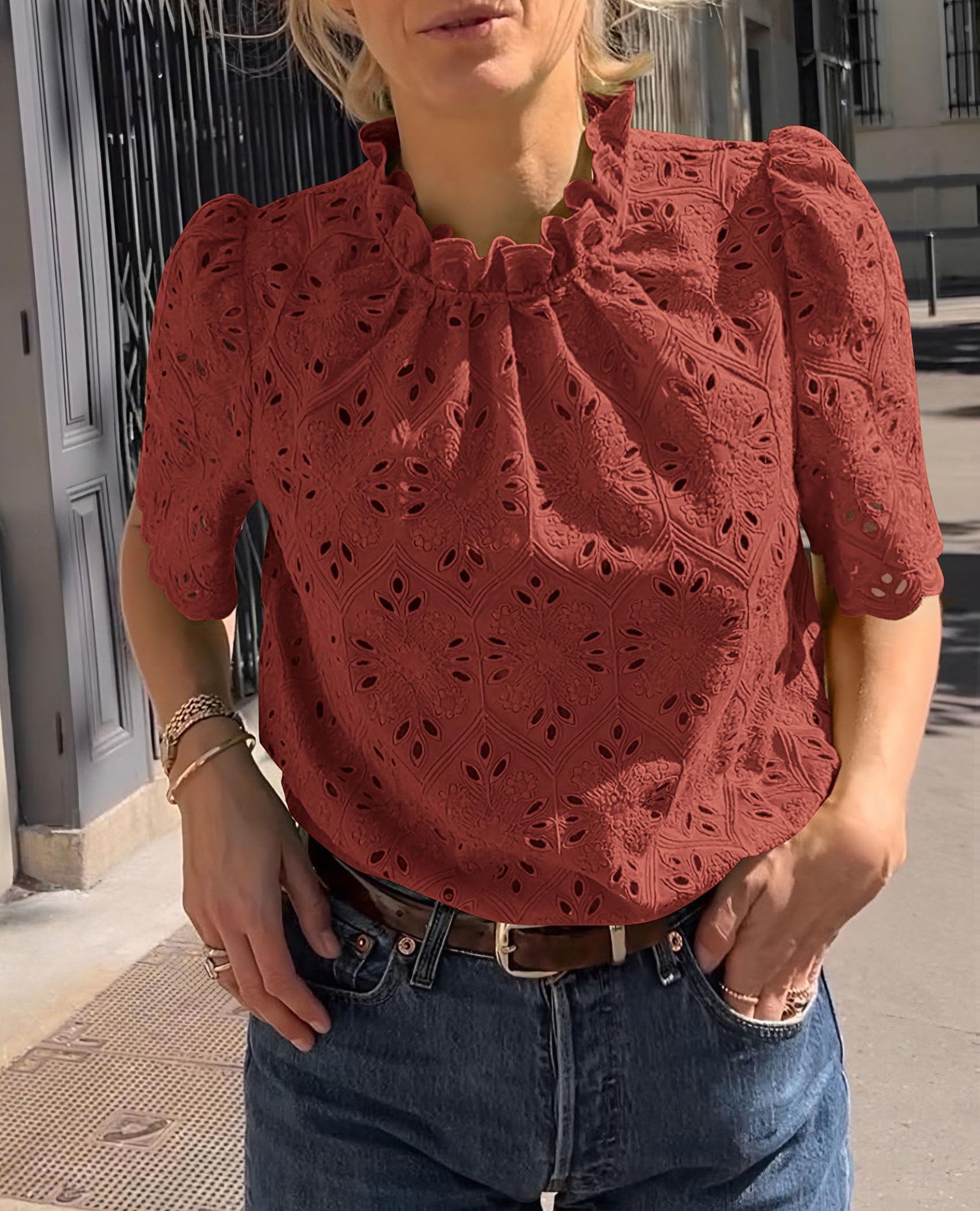 PRETTYGARDEN Womens Summer Tops Trendy Short Sleeve Eyelet Embroidered Dressy Casual Blouse Shirts