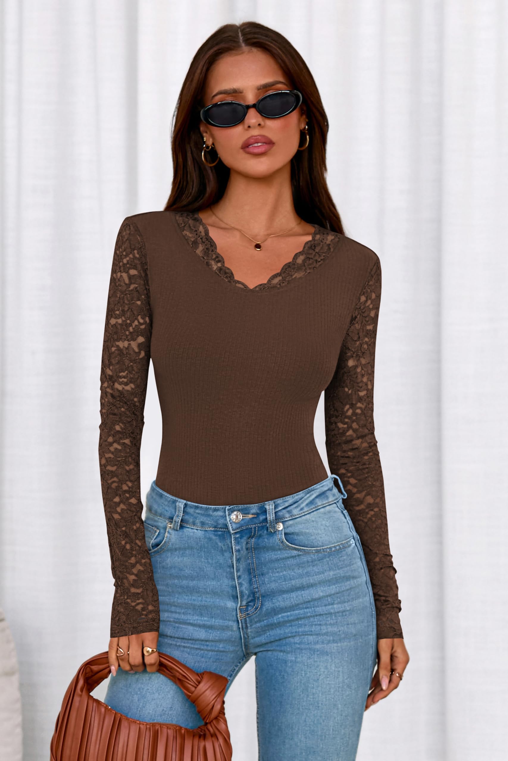FreshPretty Fall Lace Long Sleeve Tops for Women Trendy Slim Fitted V Neck Knit Going Out Outfits Basic Sexy Tight T Shirts.