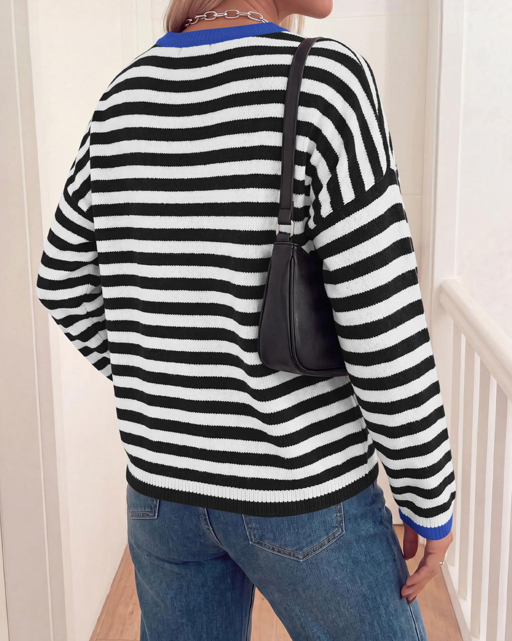 BTFBM Women's Lightweight Oversized Striped Sweater | Soft Knit Cozy Sweaters, Crew Neck Long Sleeve Pullover, y2k Color Block, Casual Holiday Outfits, Winter Fall Clothes