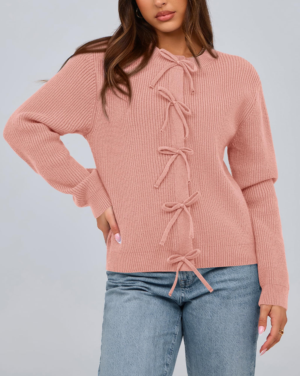 BTFBM Bow Cropped Cardigan Sweaters for Women Fall Winter Open Front Sweater Long Sleeve Button Fashion Spring Clothes