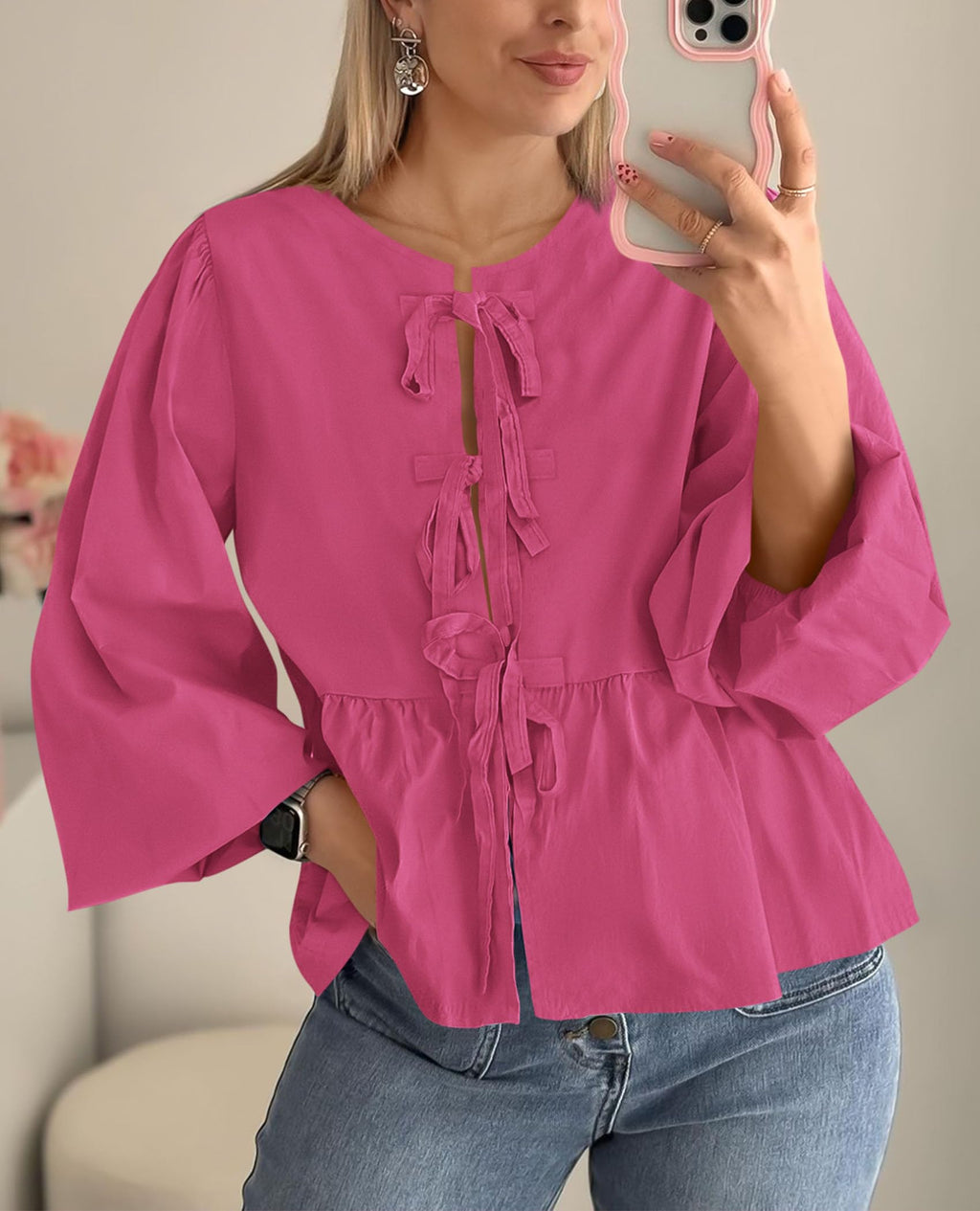 PRETTYGARDEN Women's Spring Fall Babydoll Peplum Blouse Shirt Puff Long Sleeve Bow Tie Front Trendy Cute Y2K Going Out Tops