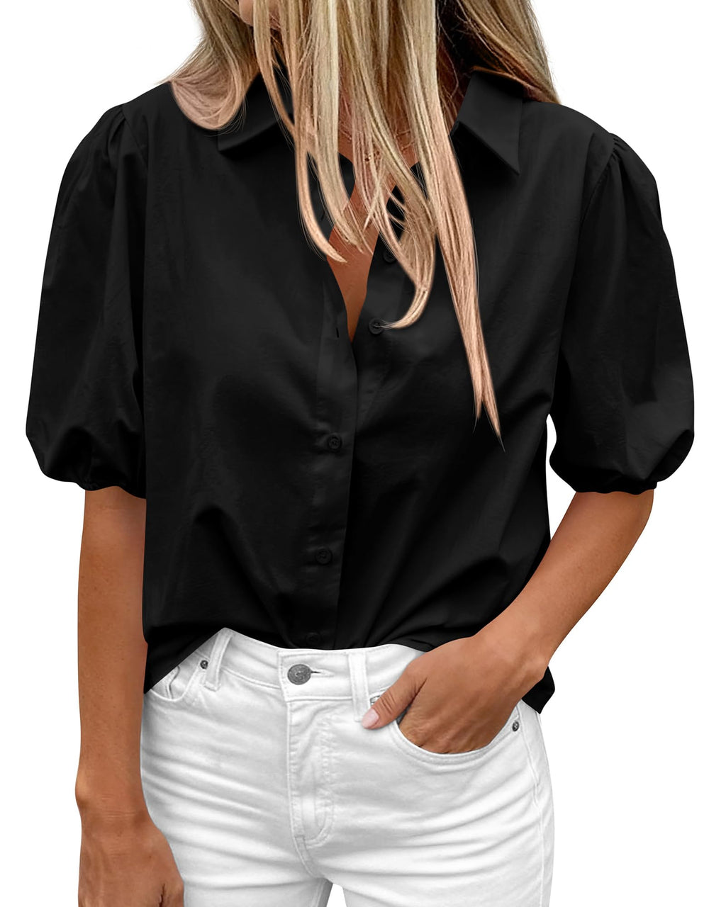 BTFBM Women's Button Down Shirts Short Puff Sleeve Collared V Nec Summer Tops Dressy Casual Work Business Blouses