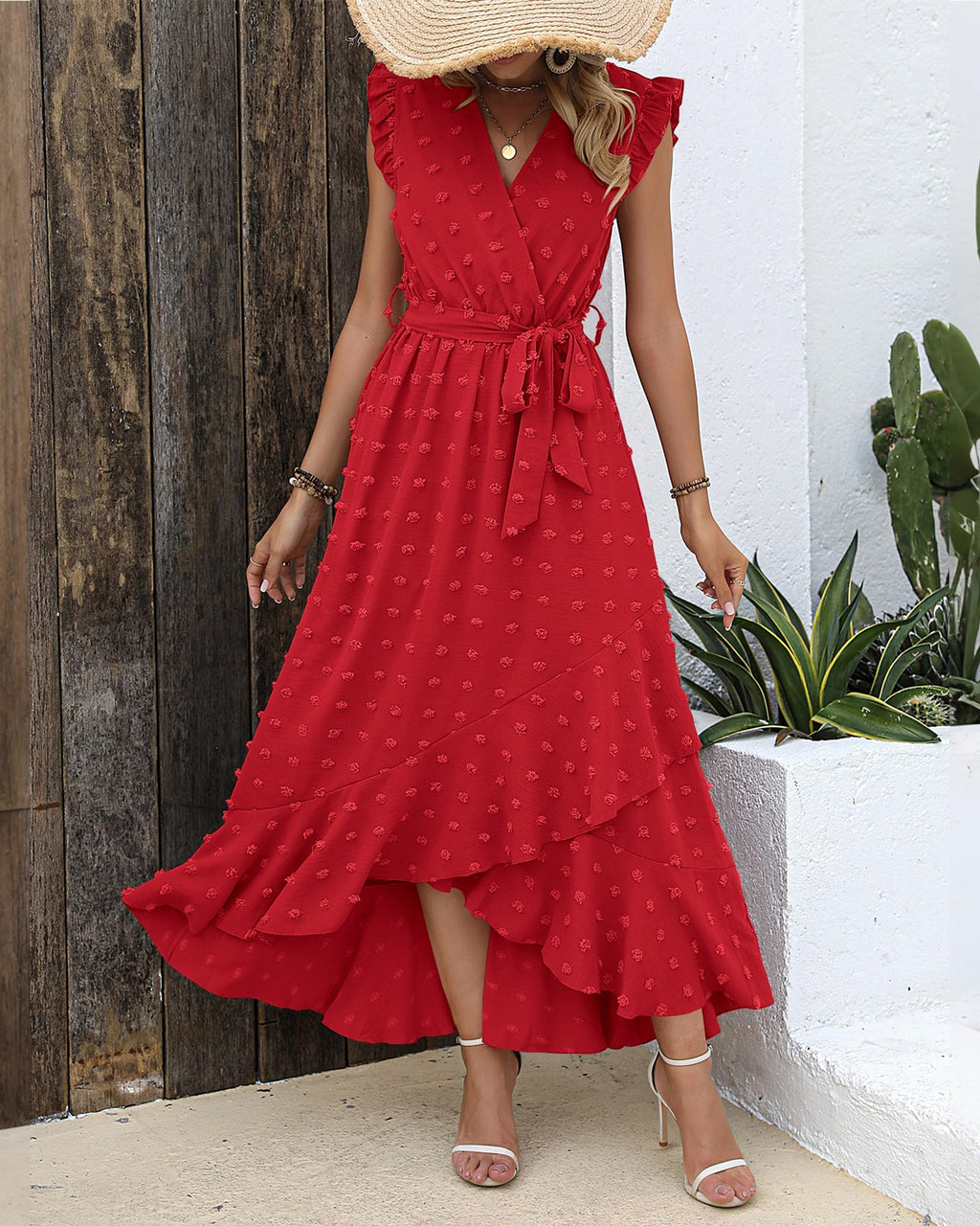 BTFBM Boho Dresses for Women Spring Fashion Cap Sleeve Swiss Dot Flowy Ruffle Beach Wedding Cocktail Maxi Dress