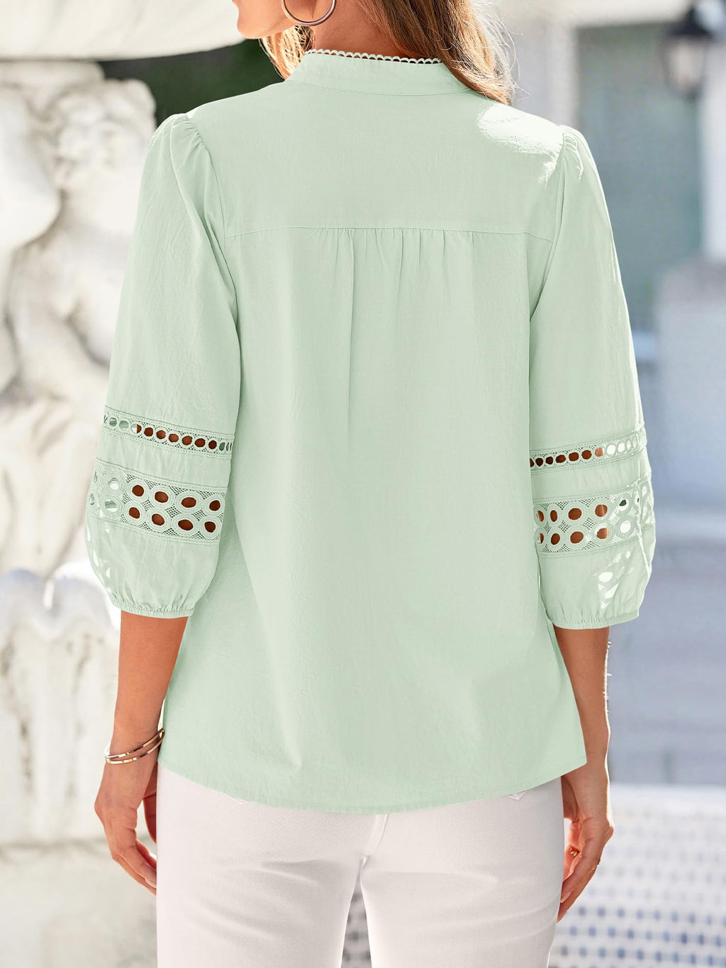BTFBM 3/4 Length Sleeve Womens Tops Summer Blouses Eyelet Hollow Out Button Down Shirts Business Casual Outfits