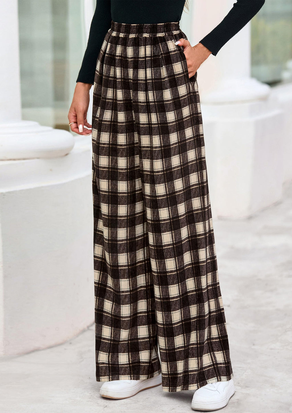 PRETTYGARDEN Casual Women's Pants Elastic Waist Palazzo Long Pajama Wide Leg Trousers Knit Fall Outfits with Pockets