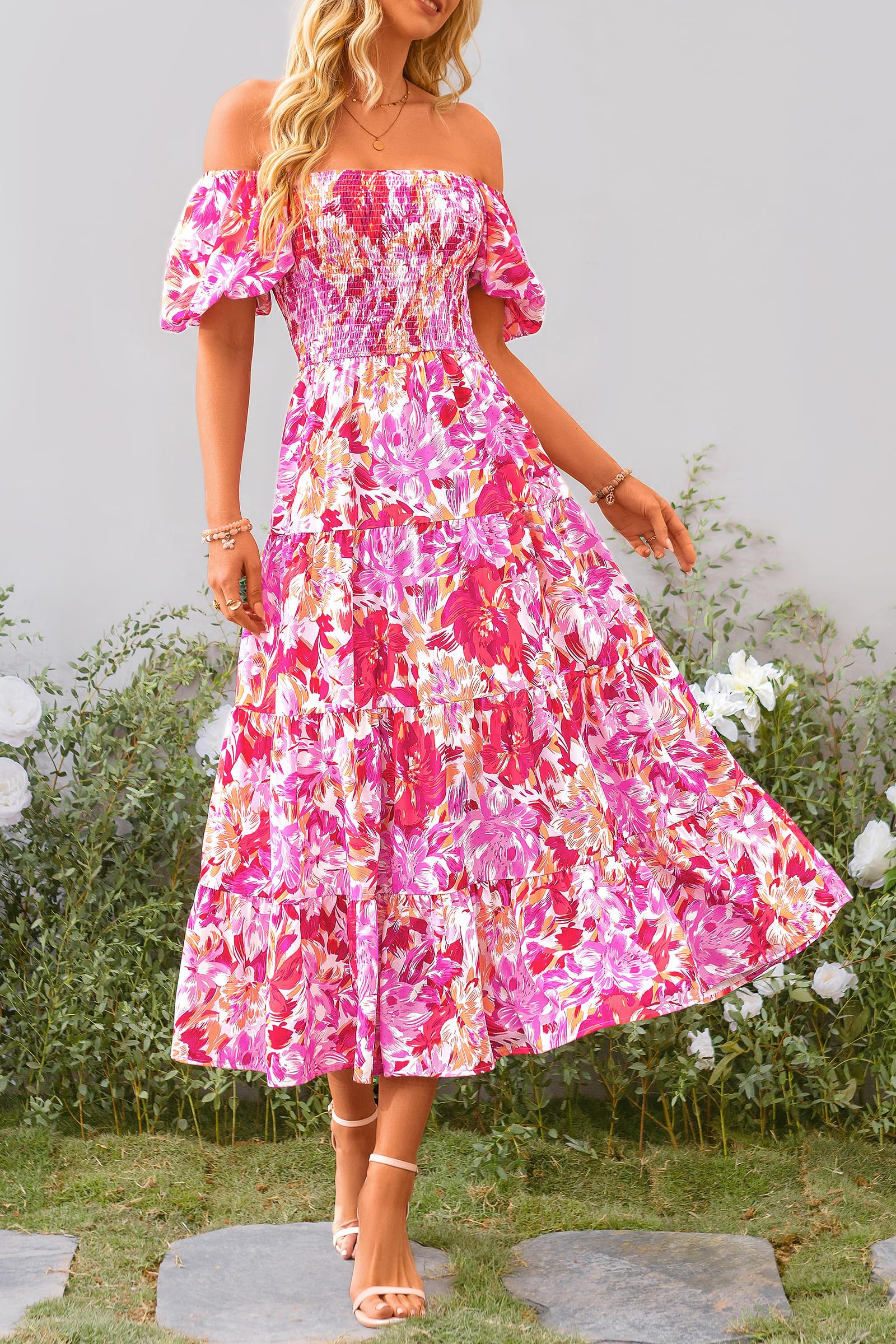 PRETTYGARDEN Women's Casual Summer Midi Dress Puffy Short Sleeve Square Neck Smocked Tiered Ruffle Dresses