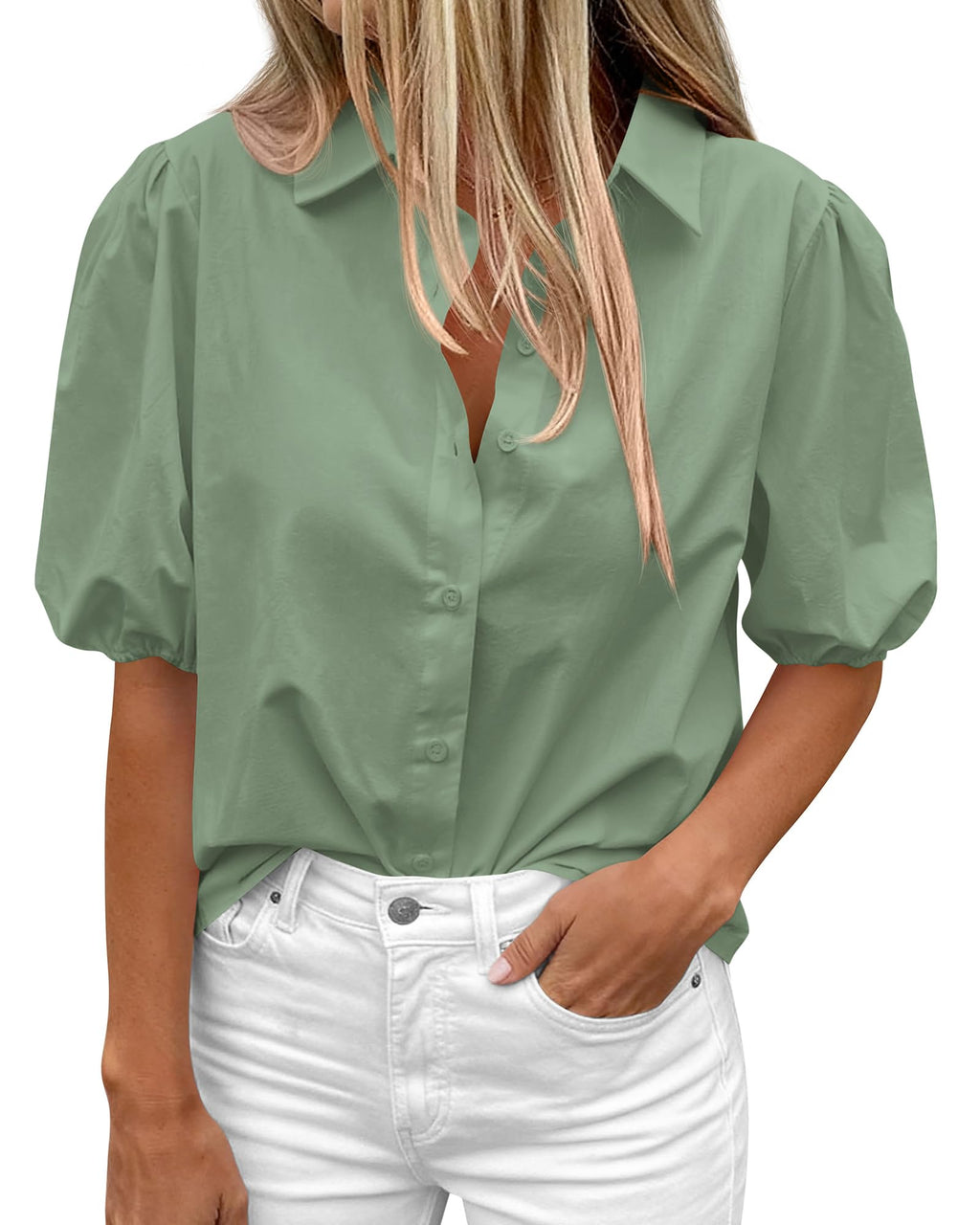 BTFBM Women's Button Down Shirts Short Puff Sleeve Collared V Nec Summer Tops Dressy Casual Work Business Blouses