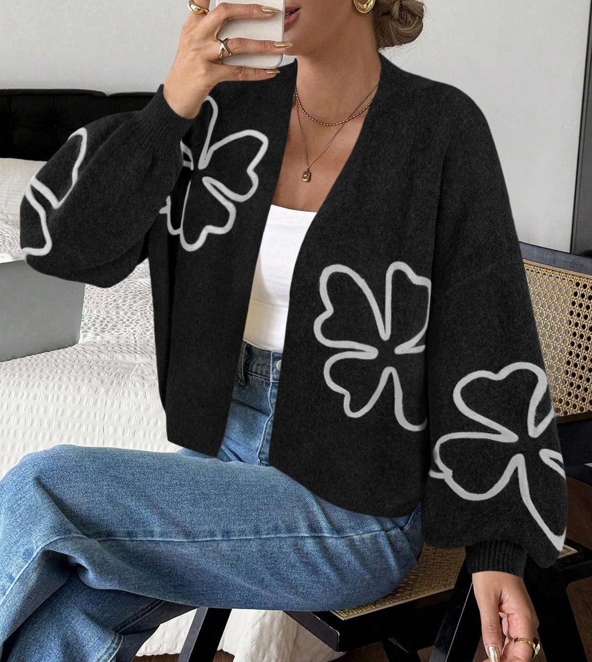PRETTYGARDEN Women's Floral Oversized Cardigan Sweaters Trendy Fall Outfits Long Sleeve Sweater Jacket, Open Front Coat, Cozy Soft Chunky Knit, Casual Outerwear,Winter Fashion Clothing