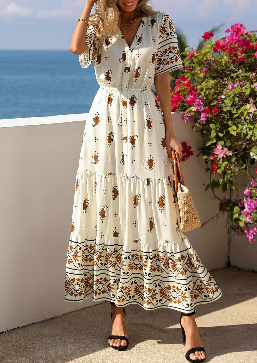 PRETTYGARDEN Womens Summer Boho Maxi Dress Trendy Short Sleeve V Neck Flowy Beach Floral Dresses with Pockets