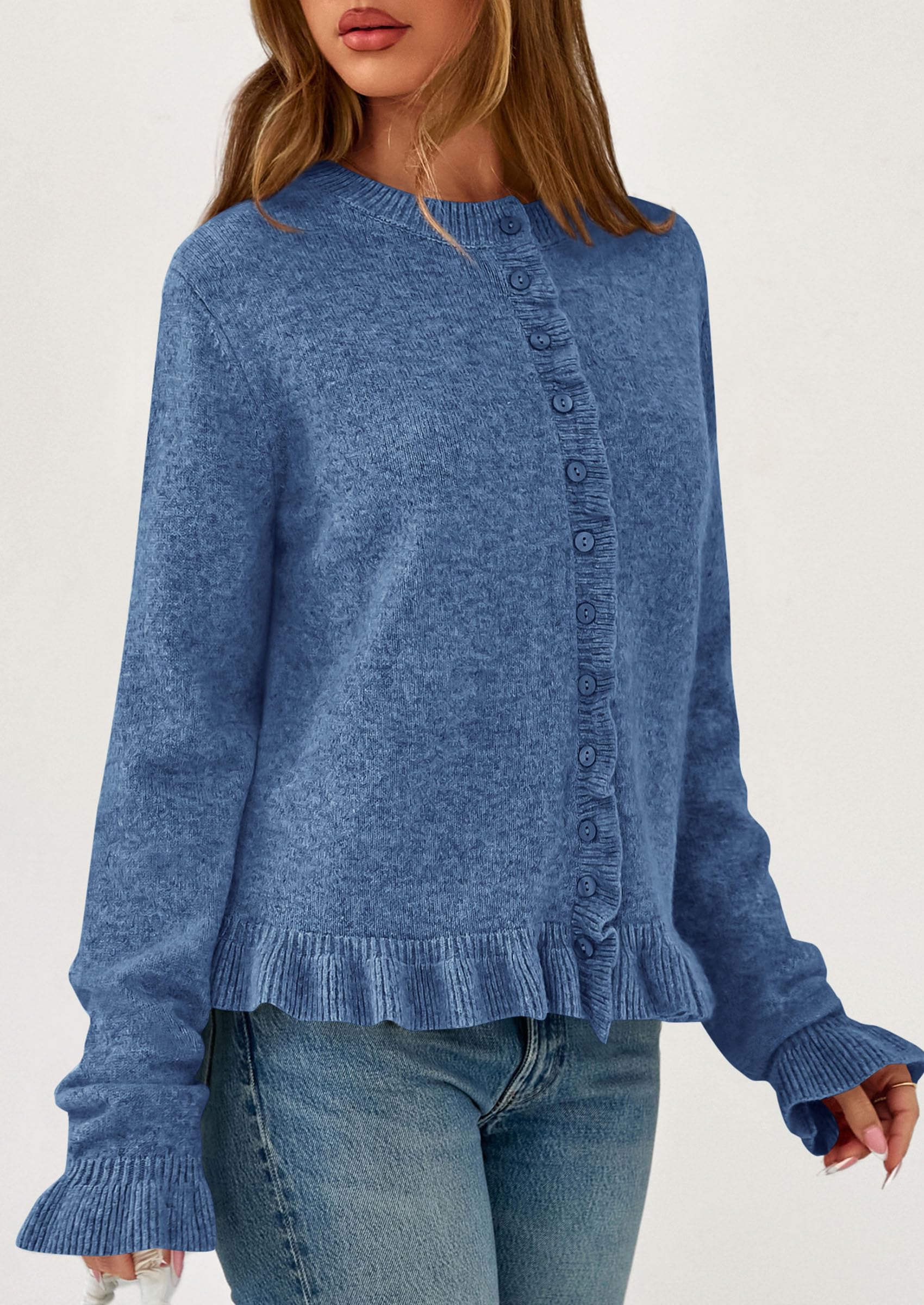 PRETTYGARDEN Womens Fall Button Down Cardigans Chunky Knit Ruffle Open Front Cropped Cardigan Sweaters Soft Long Sleeve Tops