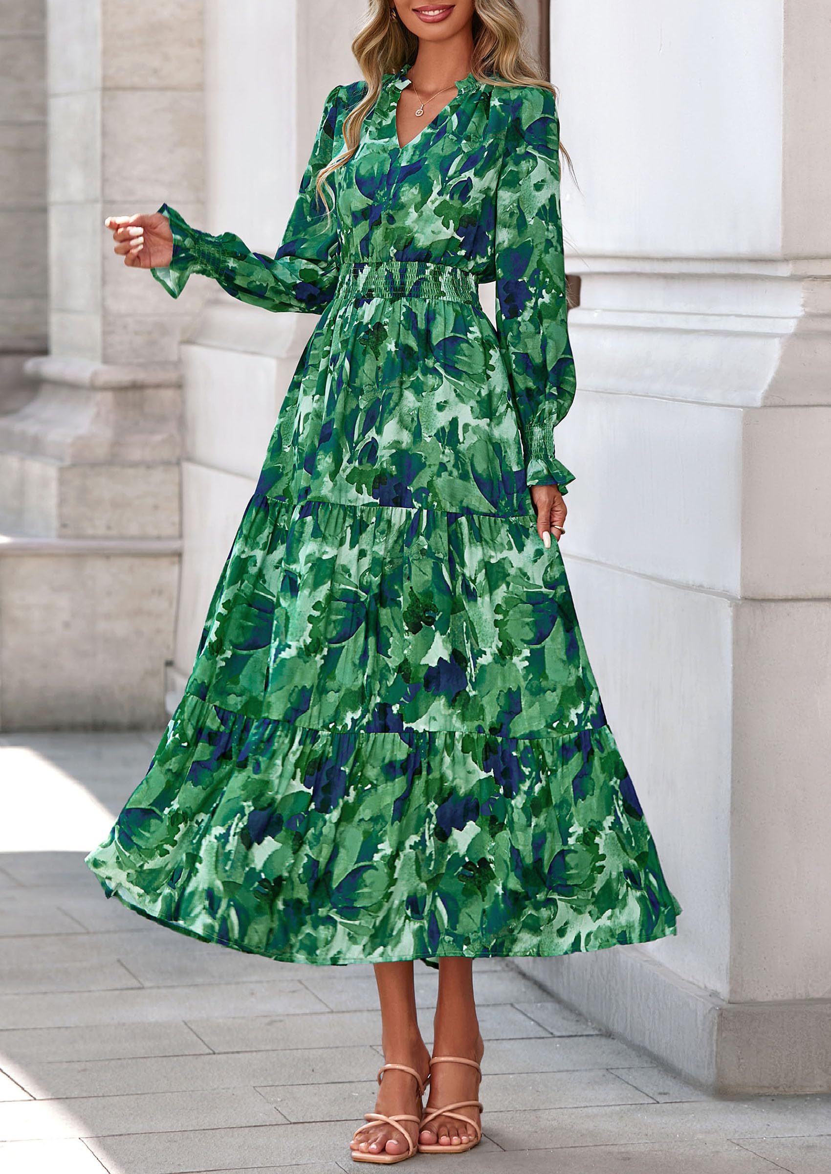 PRETTYGARDEN Women's Floral Maxi Dress Fall Long Sleeve V Neck Casual A Line Long Flowy Boho Party Dresses