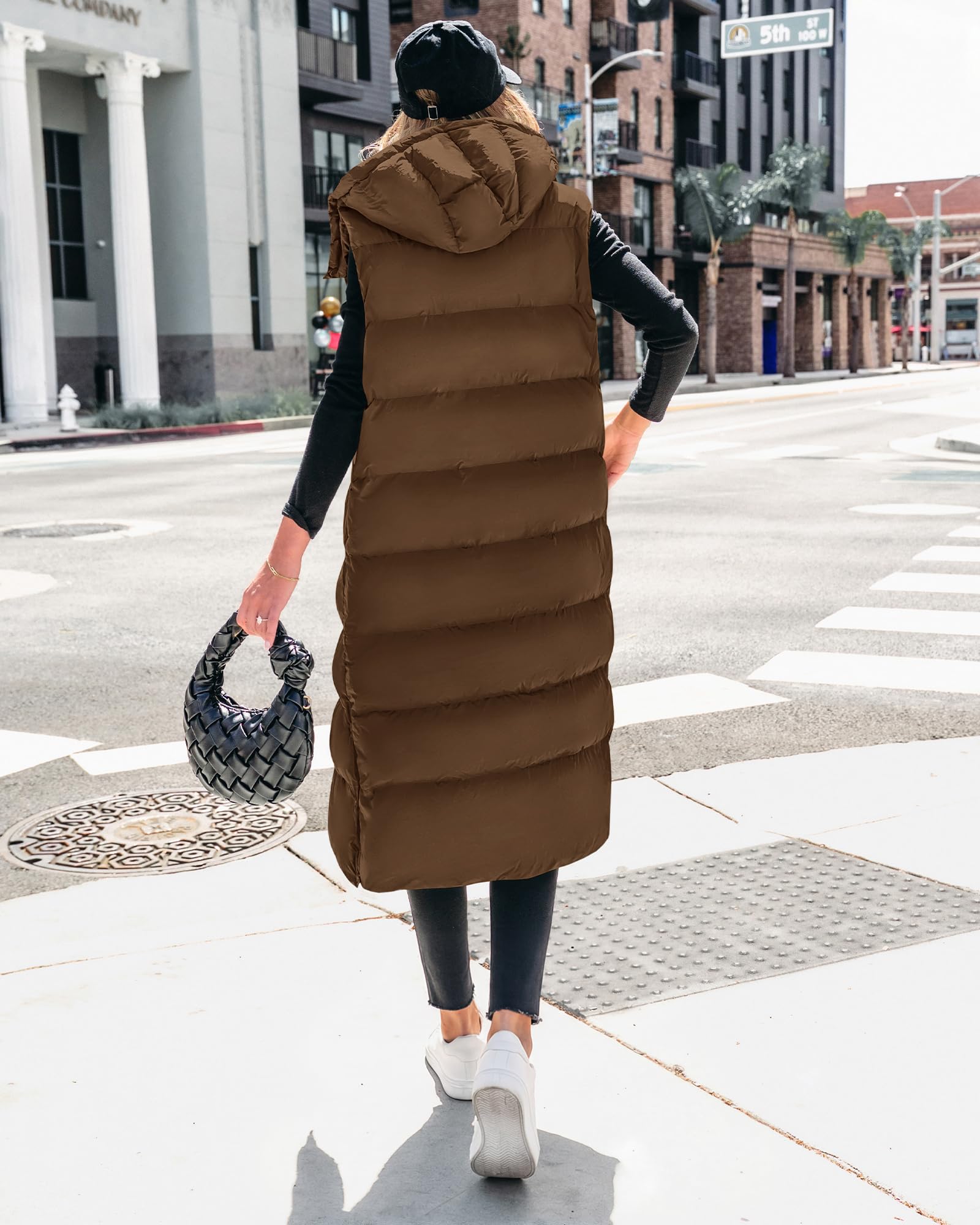 BTFBM Long Puffer Vest Women Quilted Hooded Button Down Zip Up Sleeveless Vests Outerwear Padded Jacket Fall Winter Coat