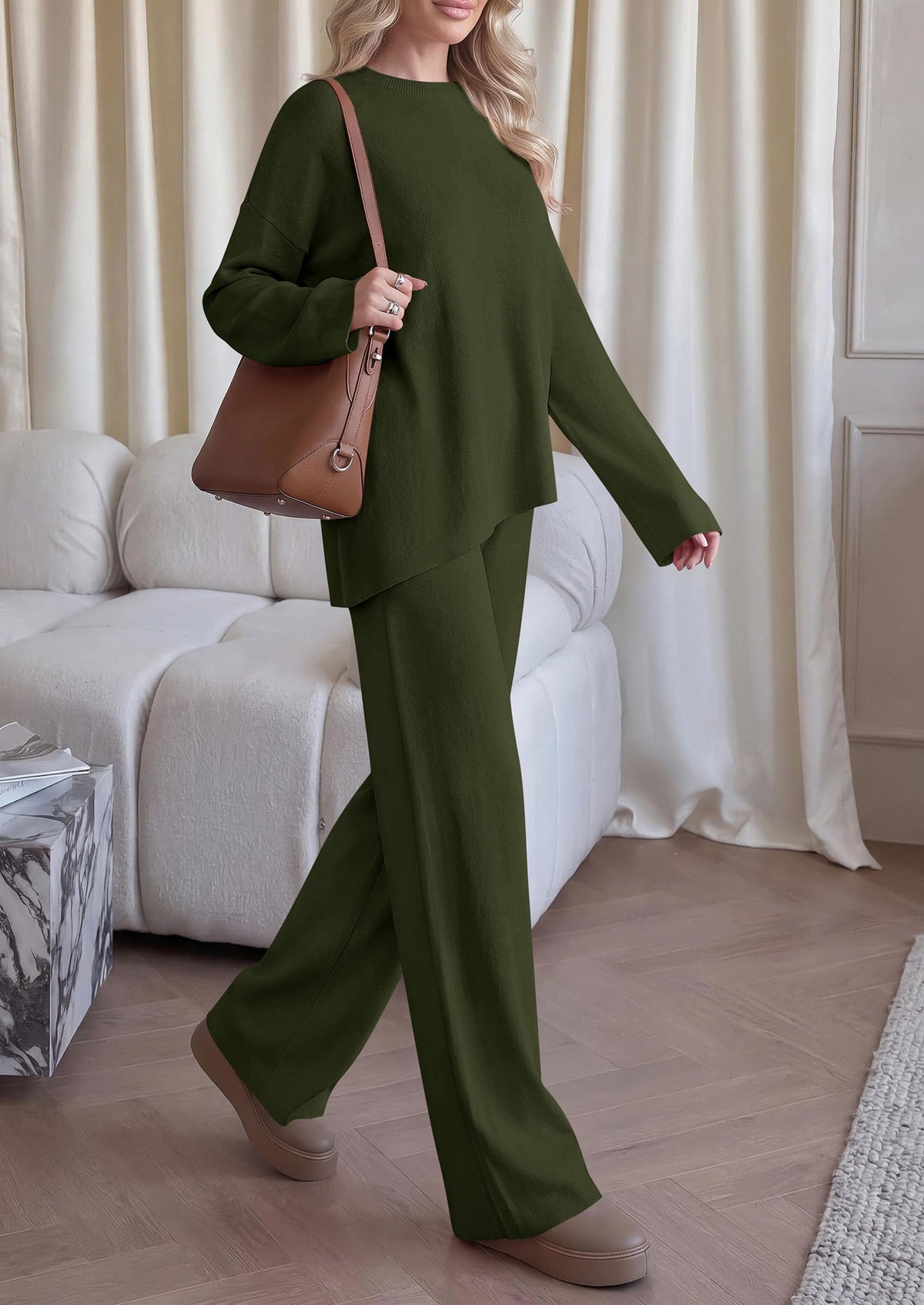 PRETTYGARDEN Womens Fall 2 Piece Asymmetric Cozy Sweater Travel Lounge Sets Crewneck Drop Shoulder Tops, Wide Leg Pants, Soft Casual Knit Matching Set,Vacation Airport Holiday Outfits