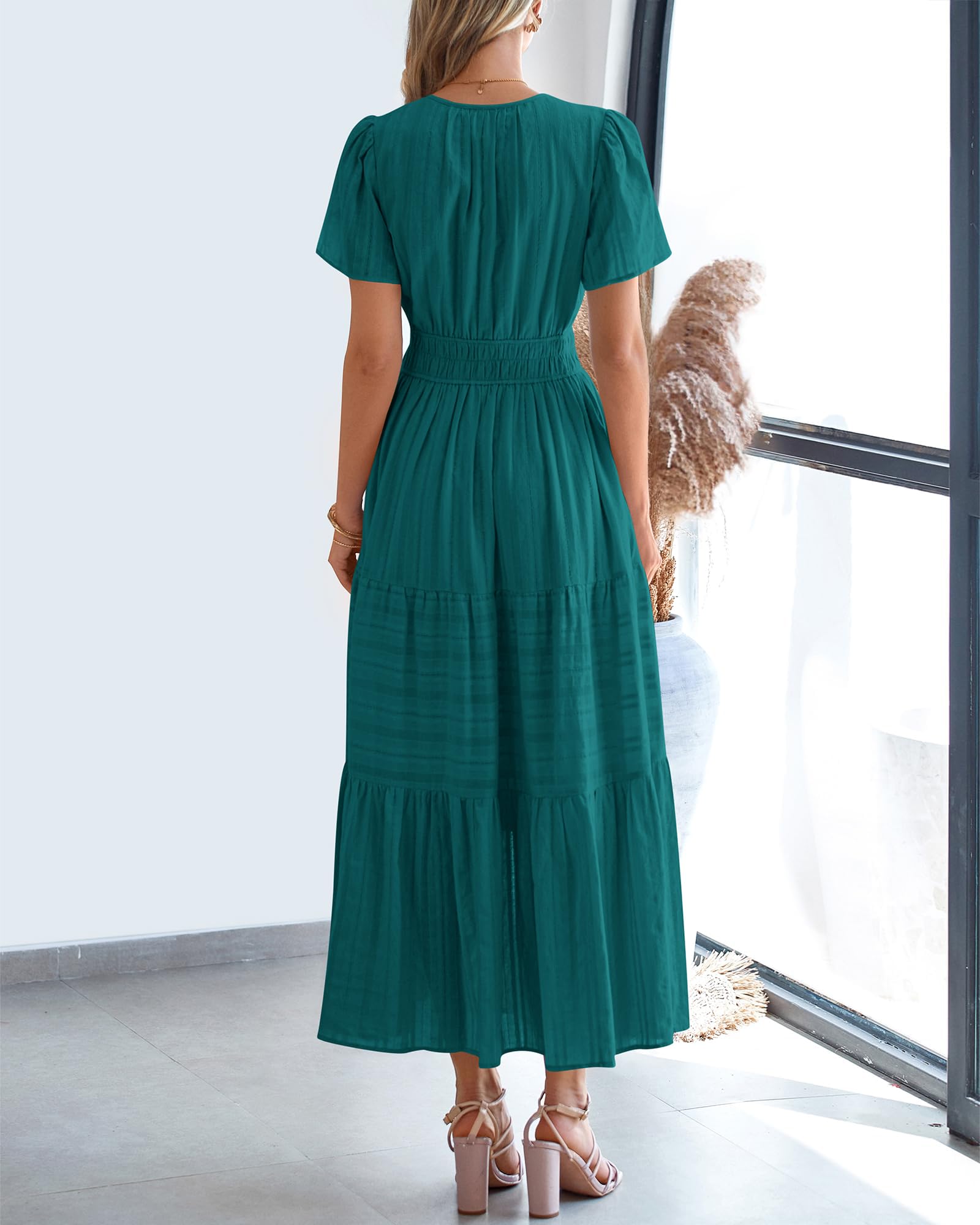 BTFBM Womens Summer Casual Midi Maxi Dresses Lightweight Short Sleeve V Neck Elastic Waist Boho Beach Dress Pockets