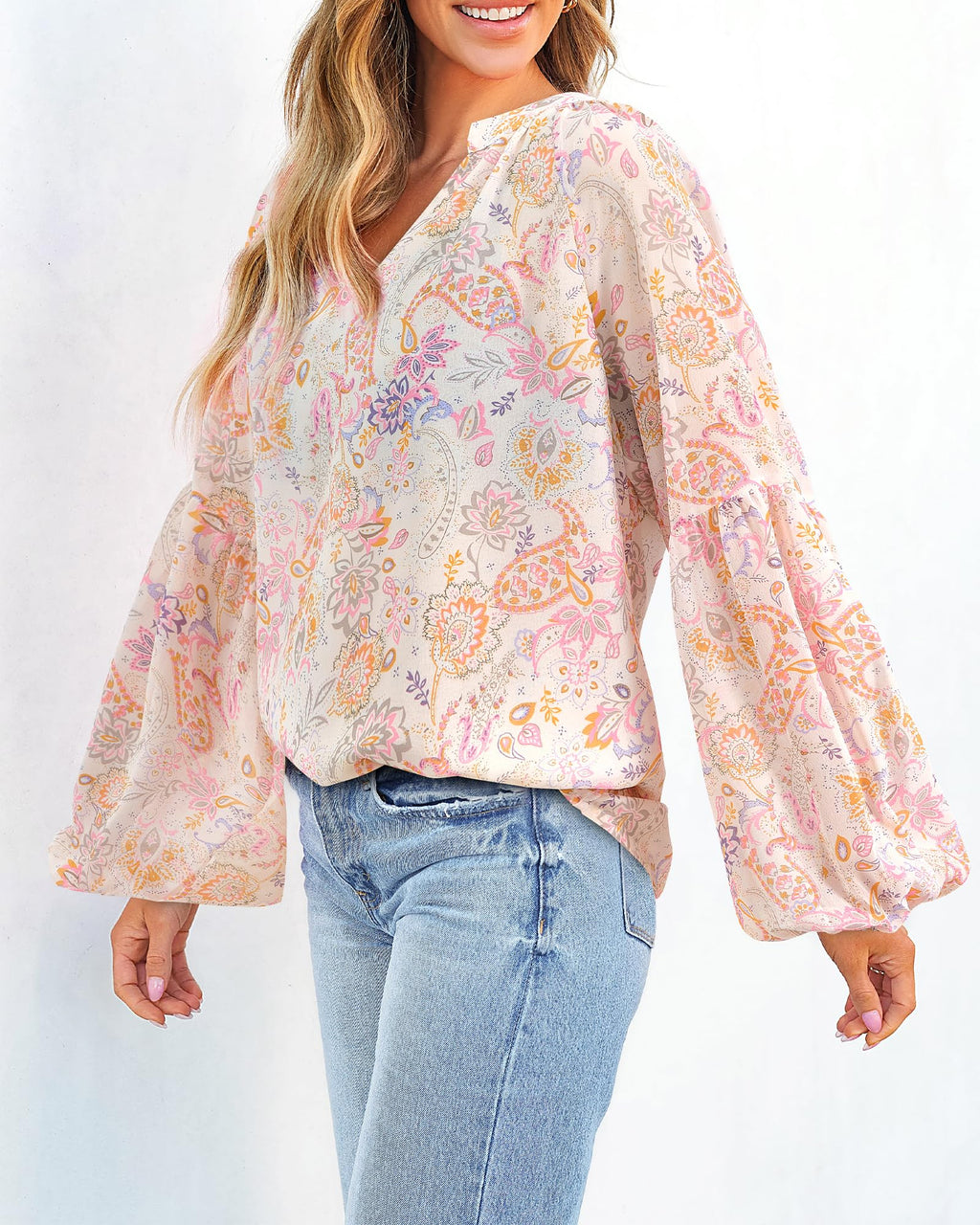 FreshPretty Blouses for Women Floral Boho Tops V Neck Lightweight Long Sleeve Shirts Fall Dressy Casual Vacation Outfits