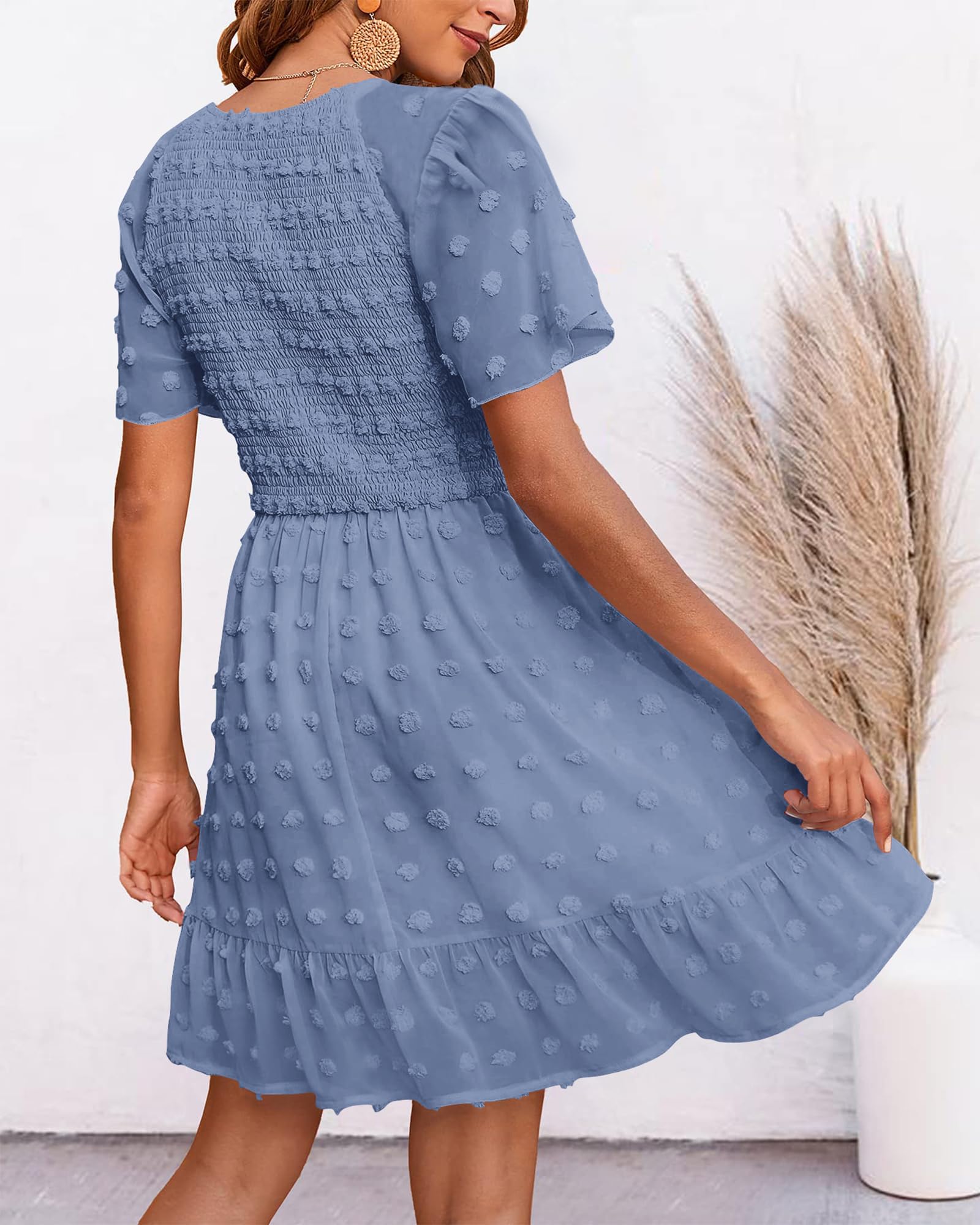 FreshPretty Womens Beach Vacation Dress Summer V Neck Short Sleeve Smocked Swiss Dot Cute Ruffle Casual Fall Mini Dresses