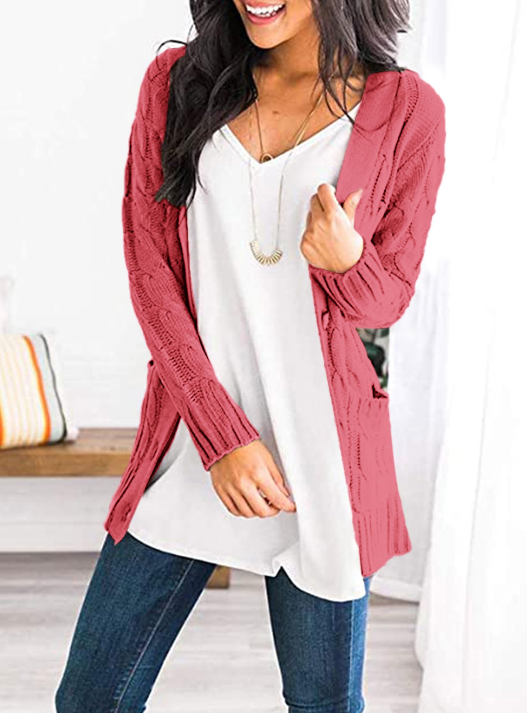 PRETTYGARDEN Women's Open Front Cardigan Sweaters Fall Fashion Button Down Cable Knit Chunky Winter Clothing Outerwear Coats