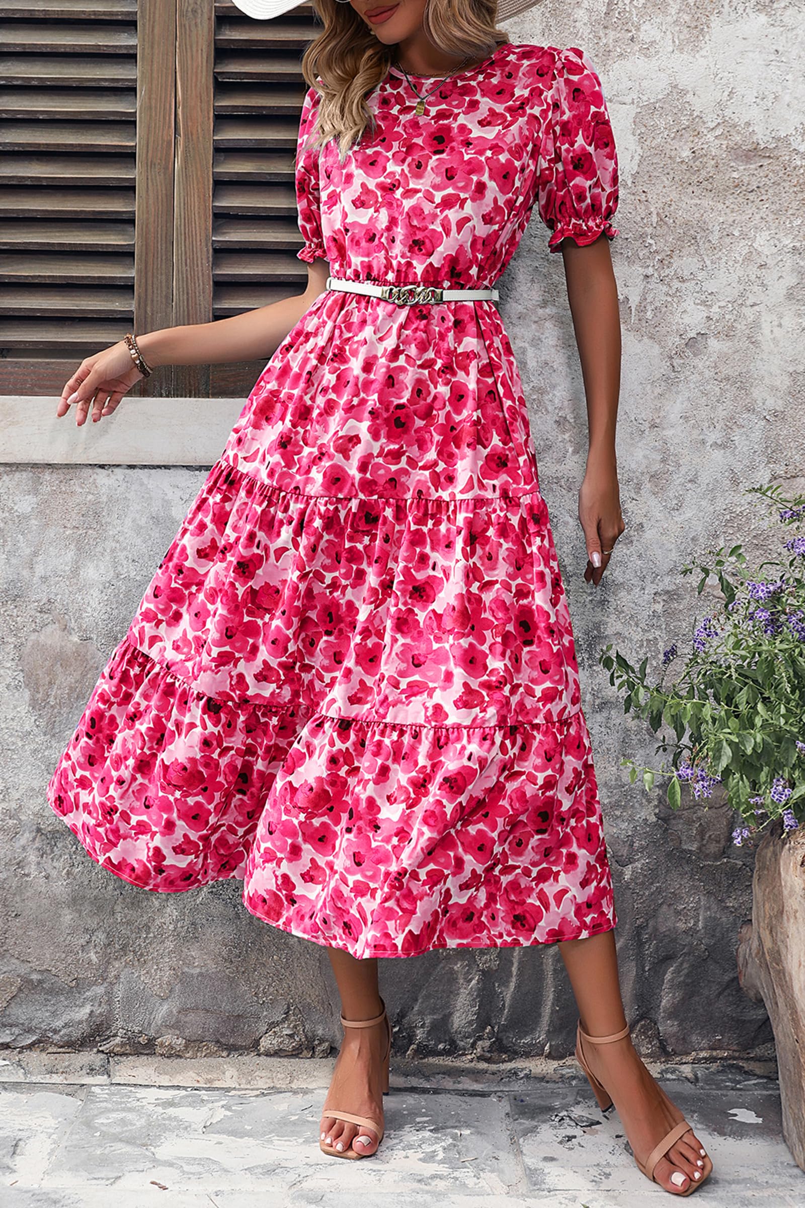 PRETTYGARDEN Summer Dresses for Women Casual Floral Boho Midi Sun Dress Puff Short Sleeve Flowy Beach Vacation Sundress
