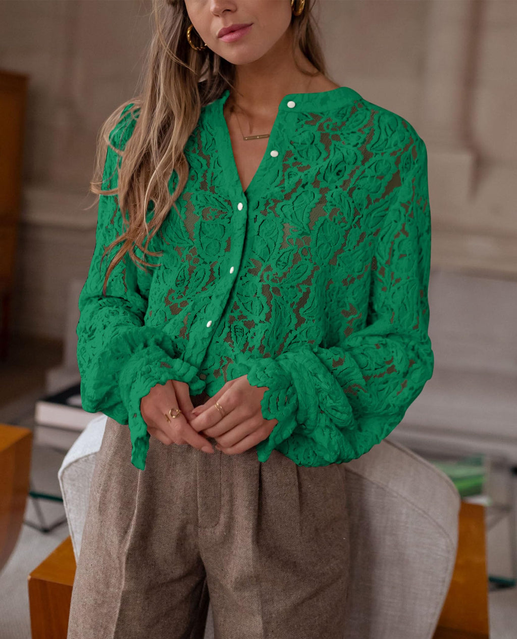 PRETTYGARDEN Women's Dressy Casual Lace Blouse Long Sleeve Button Up Shirts Tops Spring Fall Fashion Clothes