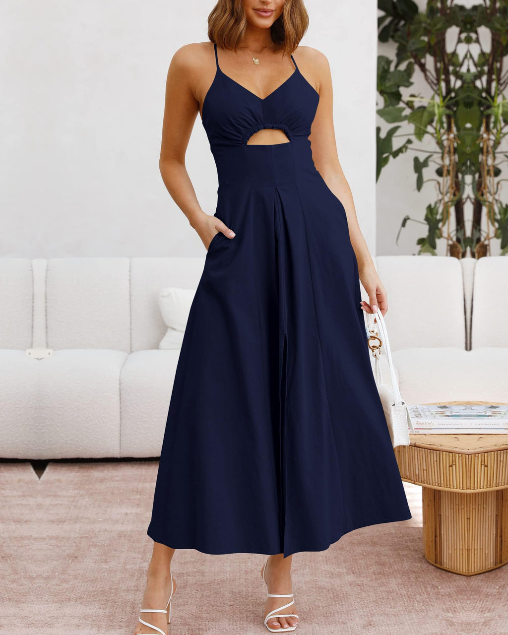BTFBM Women Spaghetti Strap Midi Summer Dresses Sleeveless V Neck Cutout Slit Casual Beach Party Maxi Dress Pockets