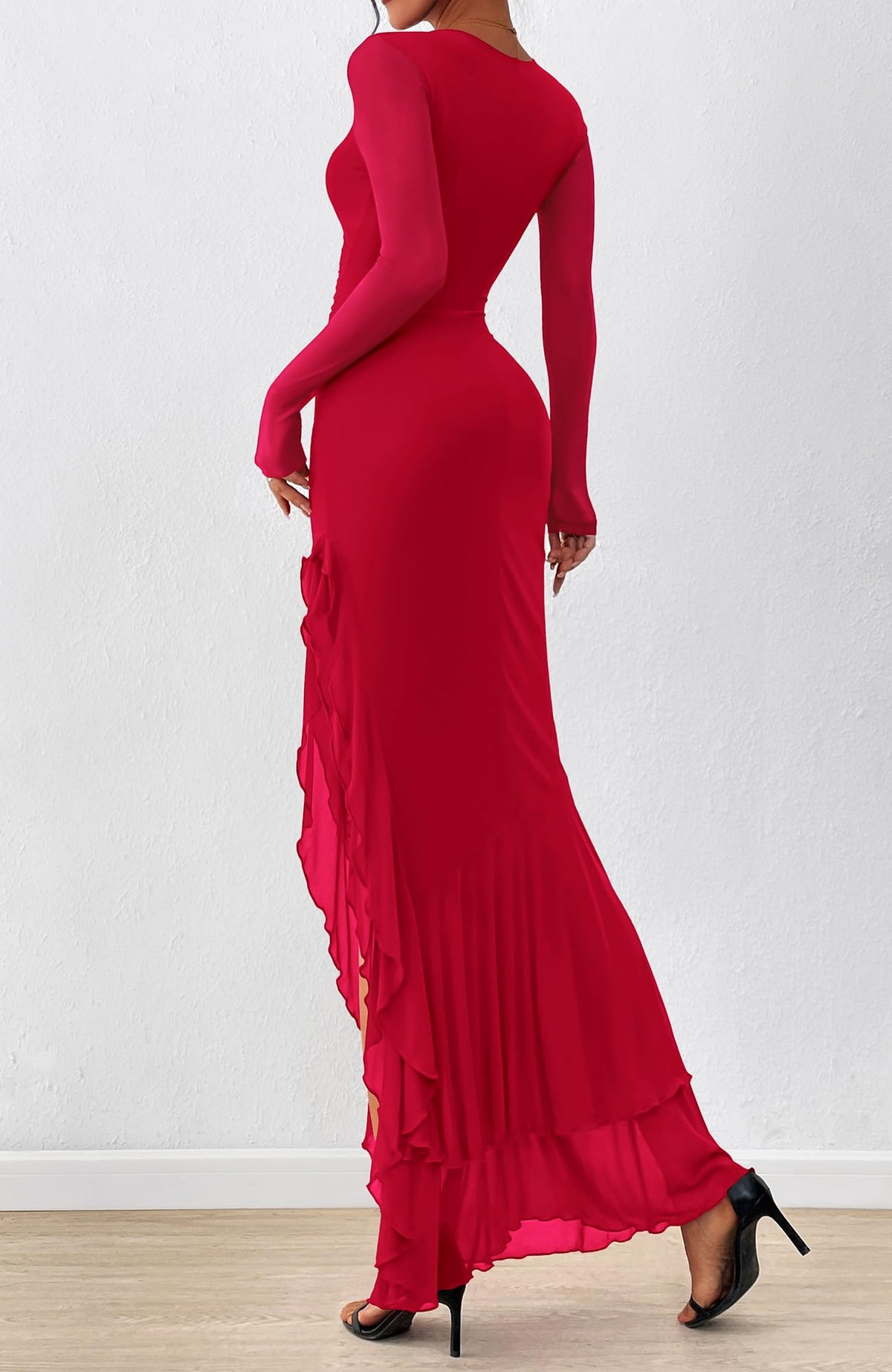 BTFBM Women's Maxi Dresses Fall Long Sleeve Wedding Guest Dress Mesh,Ruched,Bodycon,High Split,Solid Color,Ruffle, Mermaid,Cocktail Dresses,Prom,Party,Homecoming Dress,Fall Outfits