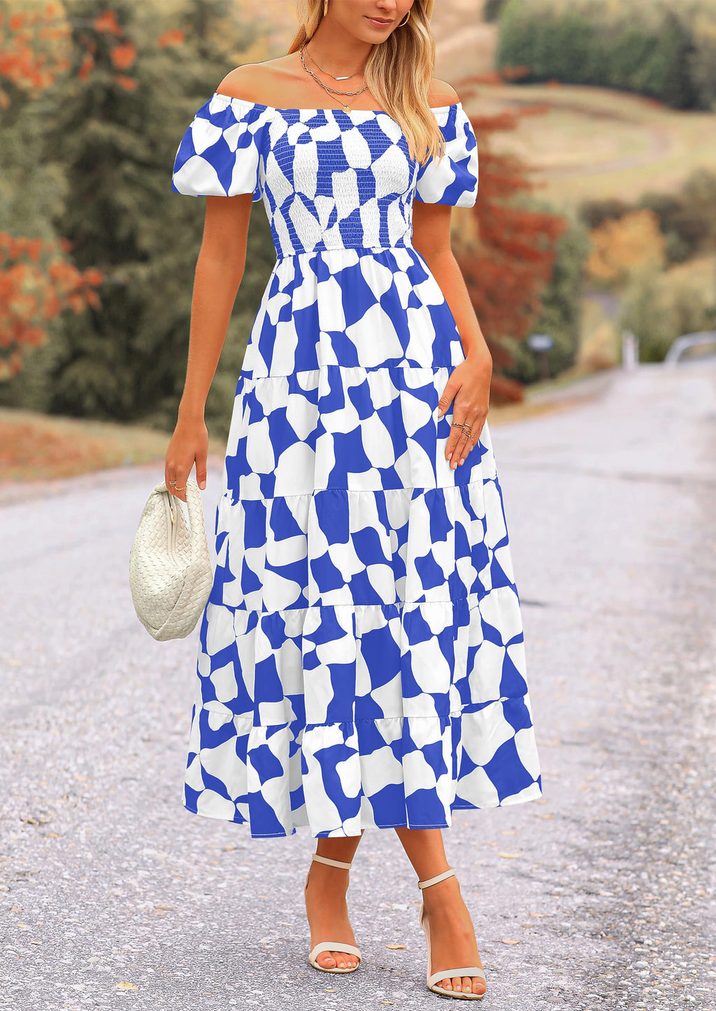 PRETTYGARDEN Women's Summer Boho Midi Dress Off Shoulder Puff Sleeve Print Smocked Ruffle Beach Long Flowy Dresses