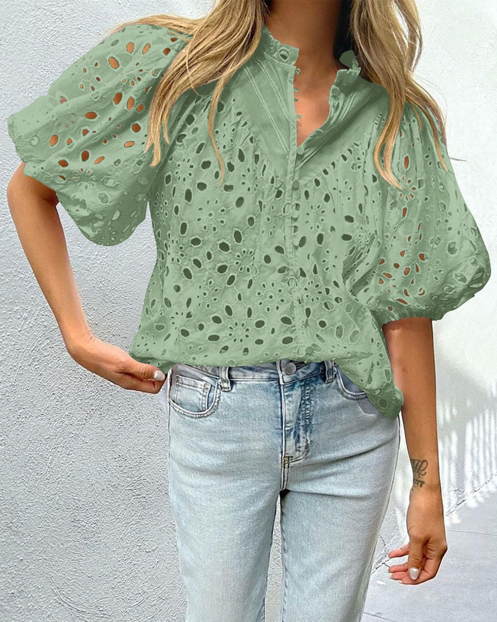 PRETTYGARDEN Women's Summer Tops Dressy Casual Short Sleeve V Neck Buttons Hollow Out Lace Embroidered Blouses Shirts