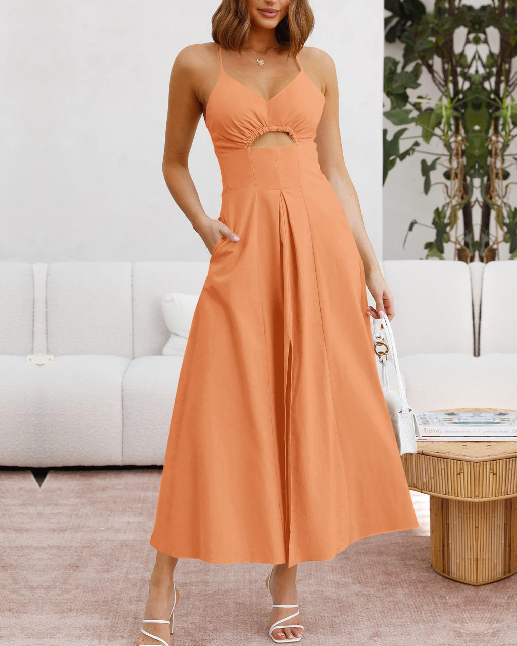 BTFBM Women Spaghetti Strap Midi Summer Dresses Sleeveless V Neck Cutout Slit Casual Beach Party Maxi Dress Pockets