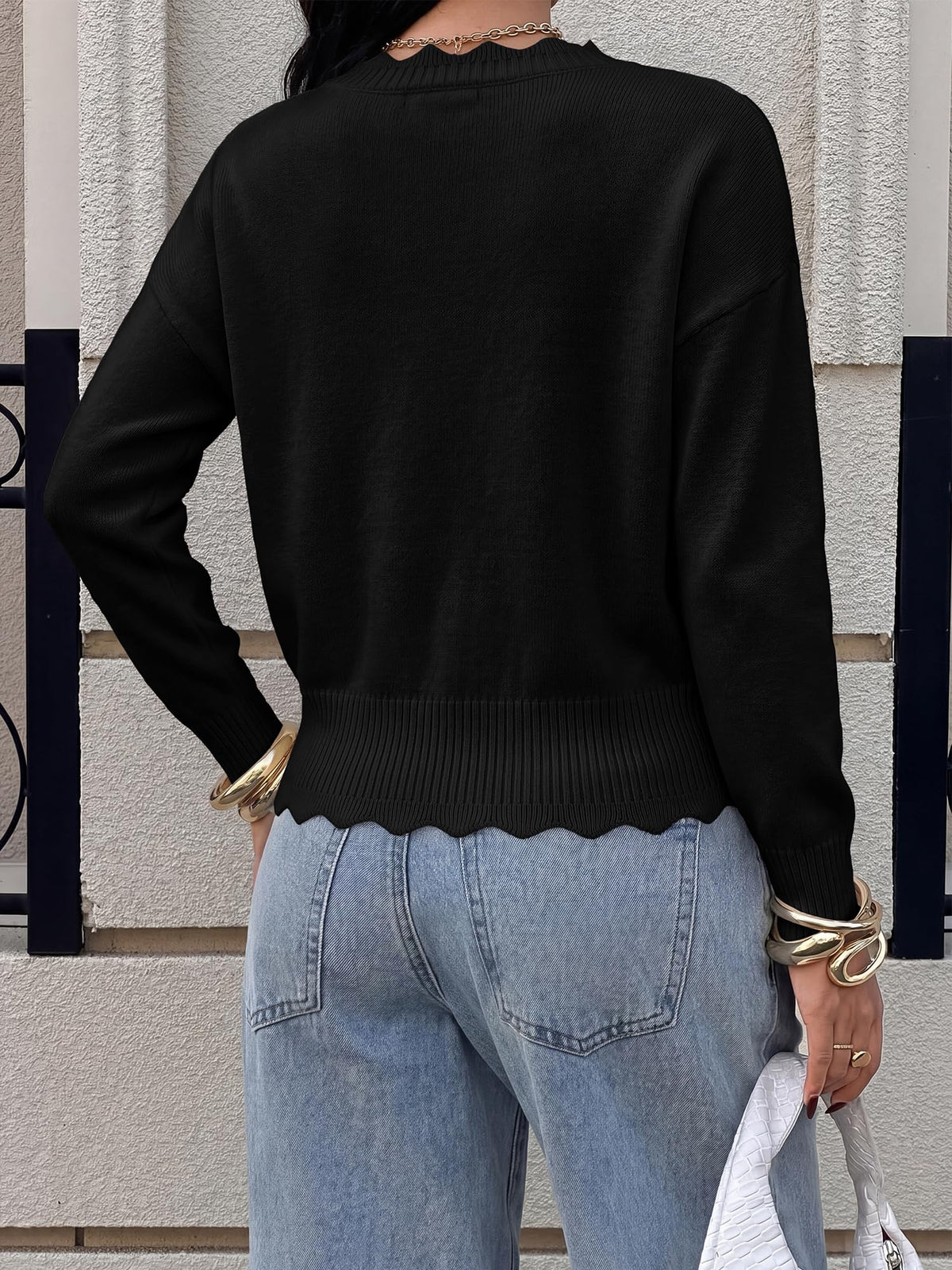 BTFBM Fall Long Sleeve Sweaters for Women | V Neck,Drop Shoulders,Scallop Edges,Lightweight Knit Sweaters Top,Daily Wear,Holiday,Christmas,Winter Clothing