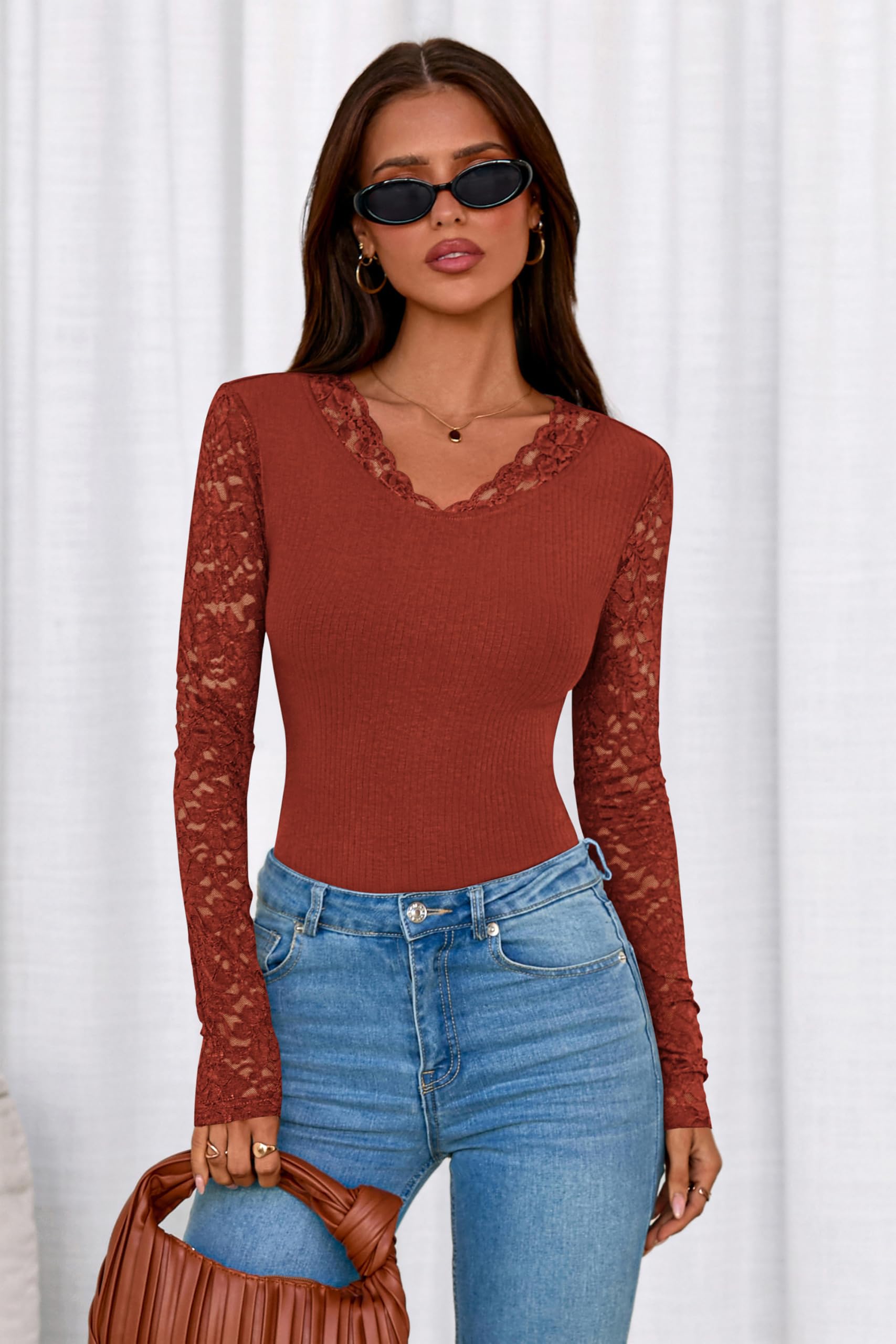 FreshPretty Fall Lace Long Sleeve Tops for Women Trendy Slim Fitted V Neck Knit Going Out Outfits Basic Sexy Tight T Shirts.