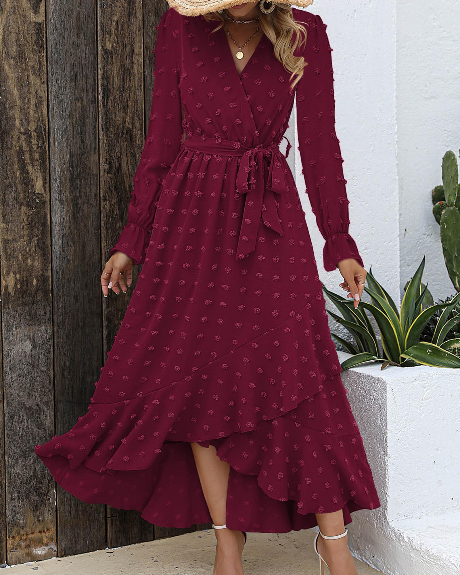 FreshPretty Long Sleeve Maxi Dresses for Women V Neck Swiss Dot Boho Flowy Slit Cocktail Wedding Guest Dress Fall Clothes
