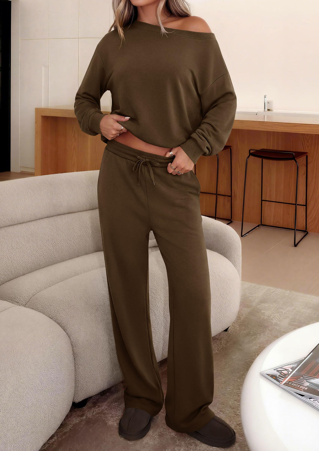 PRETTYGARDEN Womens 2 Piece Casual Matching Lounge Sets Fashion Off the Shoulder Sweatshirt, Wide Leg Pants with Pockets, Comfy Airport Travel Outfit,Trendy Fall Set