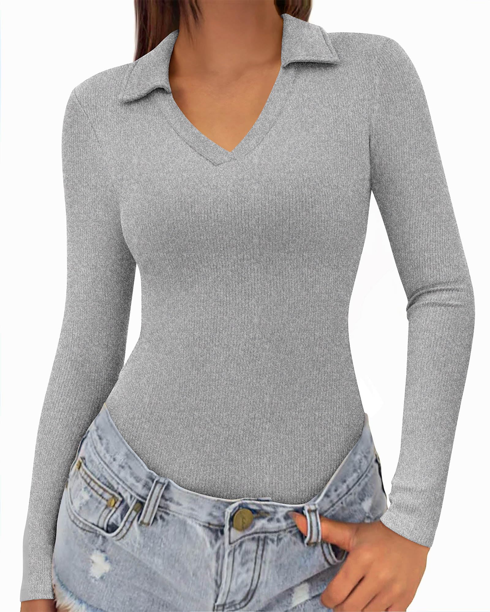 FreshPretty Polo Shirts for Women Long Sleeve Business Casual Tops Spring Fall Ribbed Knit Collared V Neck Slim Work Blouses