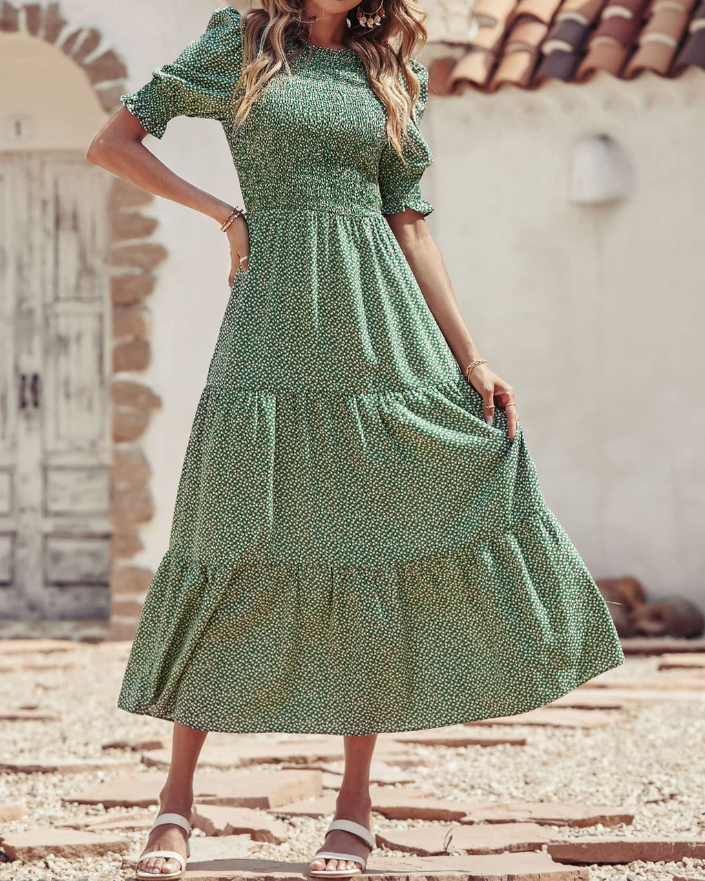 FreshPretty Women Casual Summer Dresses Spring Crew Neck Ruffle Short Sleeve Floral Print Smocked Boho Flowy Maxi Dress