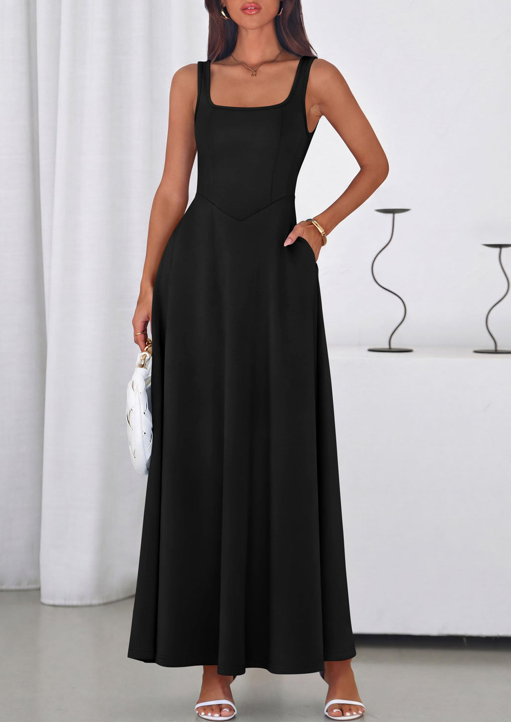 PRETTYGARDEN Womens Summer Dresses Sleeveless Elegant Square Neck Aline Swing Maxi Beach Wedding Guest Dress Pockets