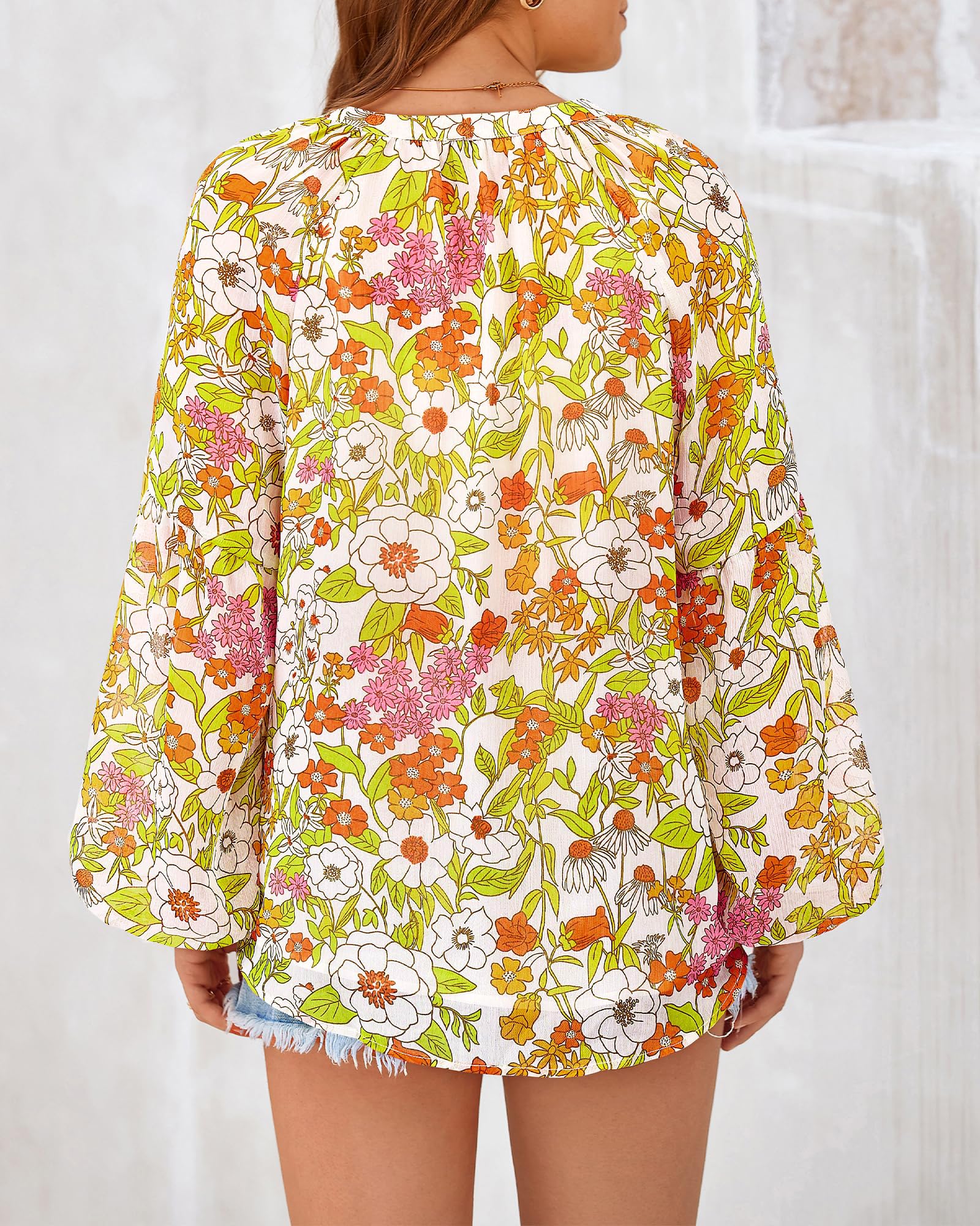 FreshPretty Blouses for Women Floral Boho Tops V Neck Lightweight Long Sleeve Shirts Fall Dressy Casual Vacation Outfits