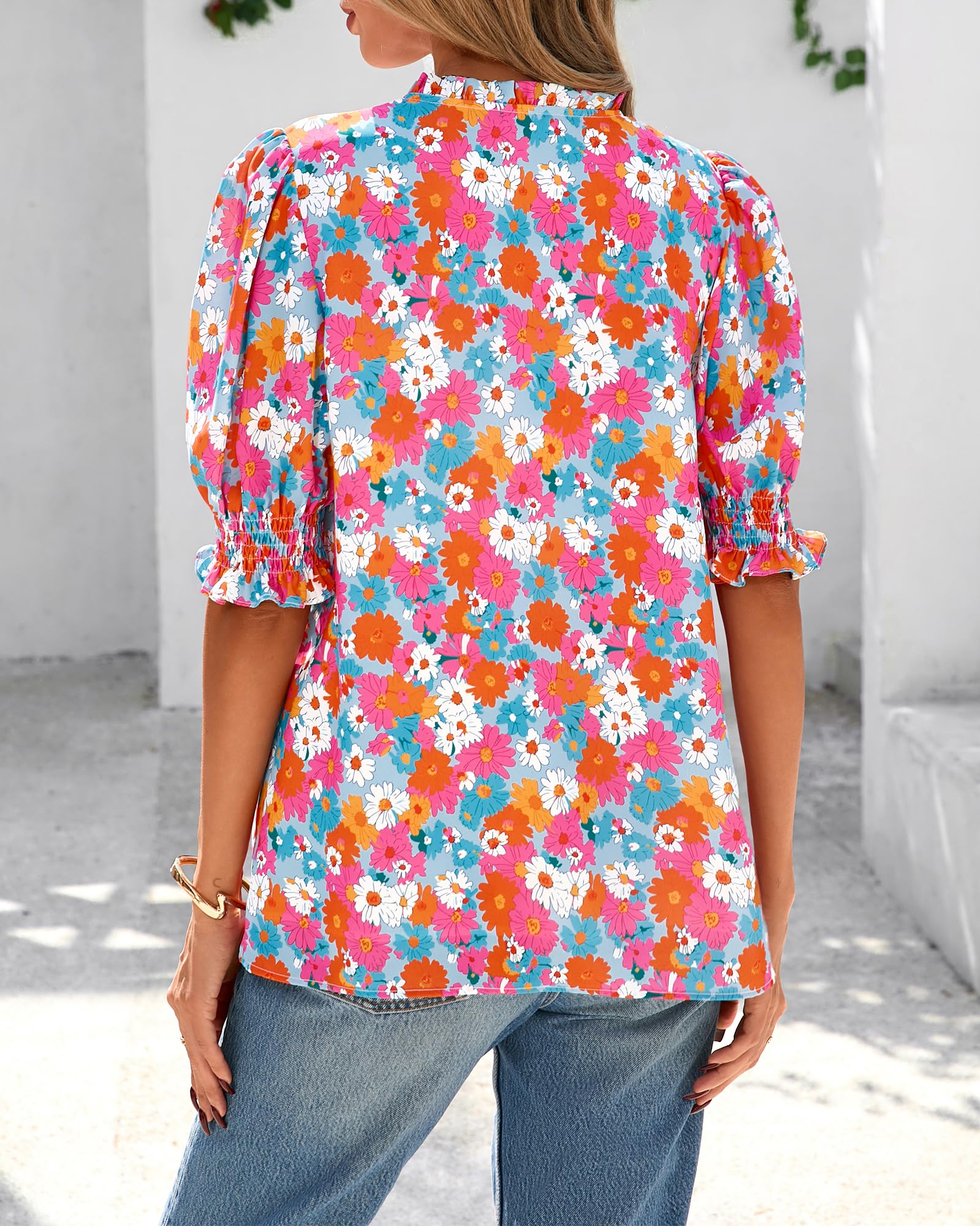 BTFBM Summer Blouses for Women Dressy Casual Fashion Spring Tops Floral Boho V Neck Puff Short Sleeve Top Shirts