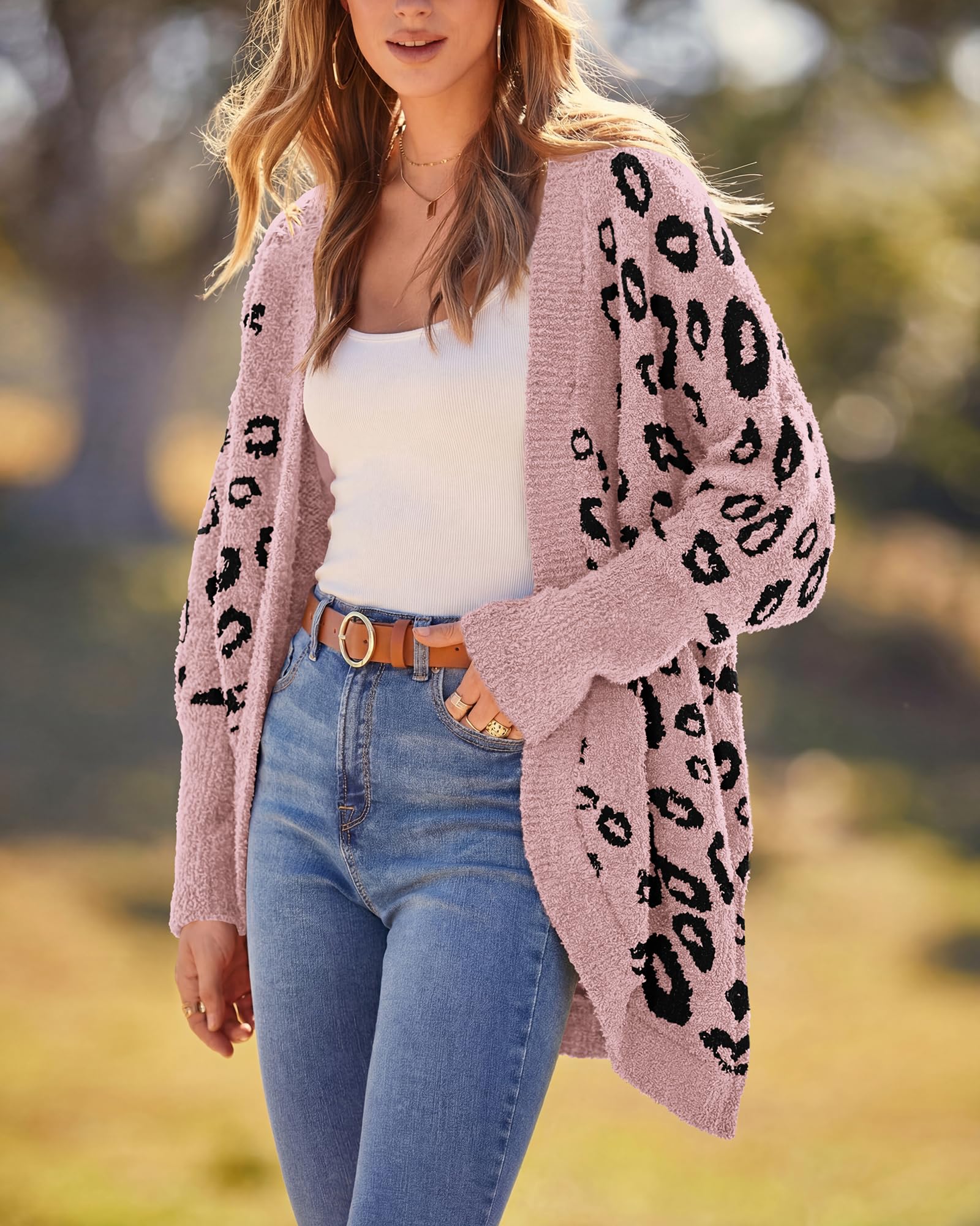 BTFBM Leopard Cardigan for Women Long Sleeve Open Front Cardigans Sweaters Pockets Loose Knit Fall Spring Outwear
