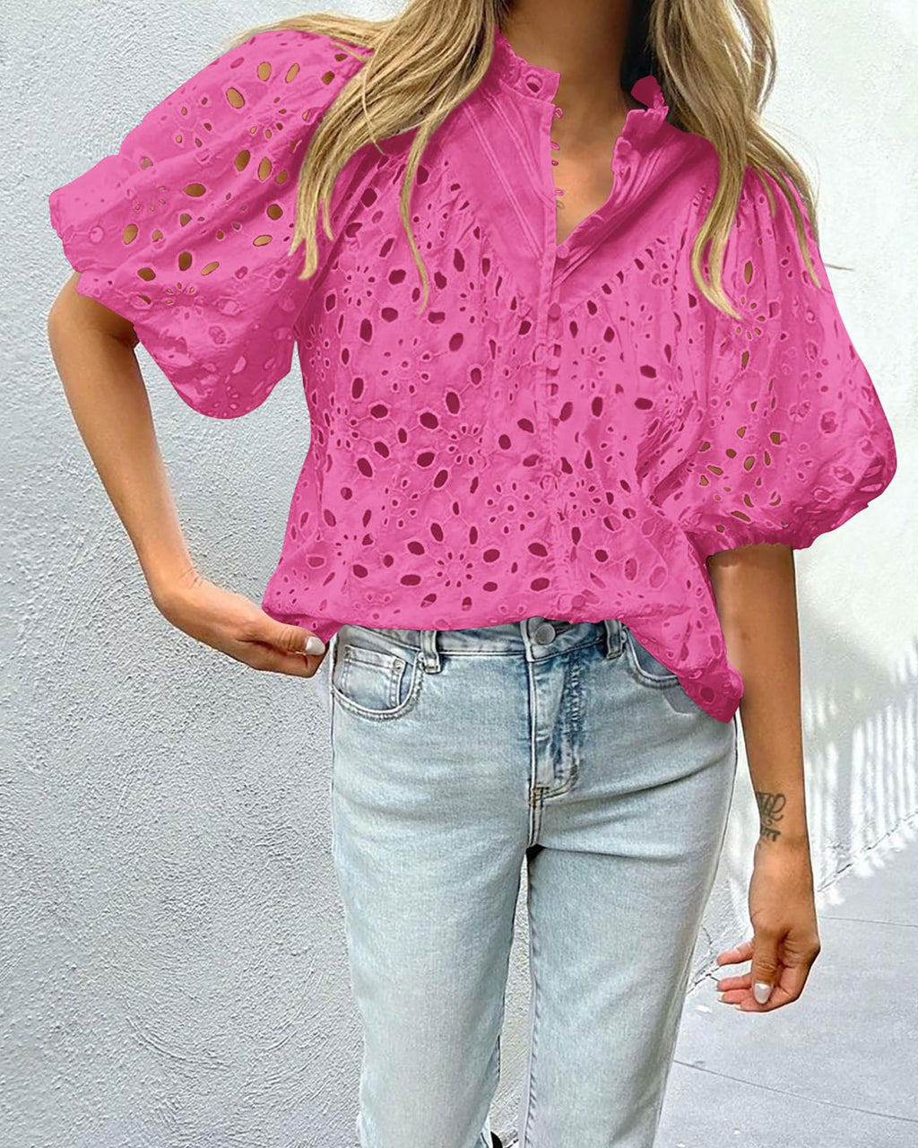PRETTYGARDEN Women's Summer Tops Dressy Casual Short Sleeve V Neck Buttons Hollow Out Lace Embroidered Blouses Shirts
